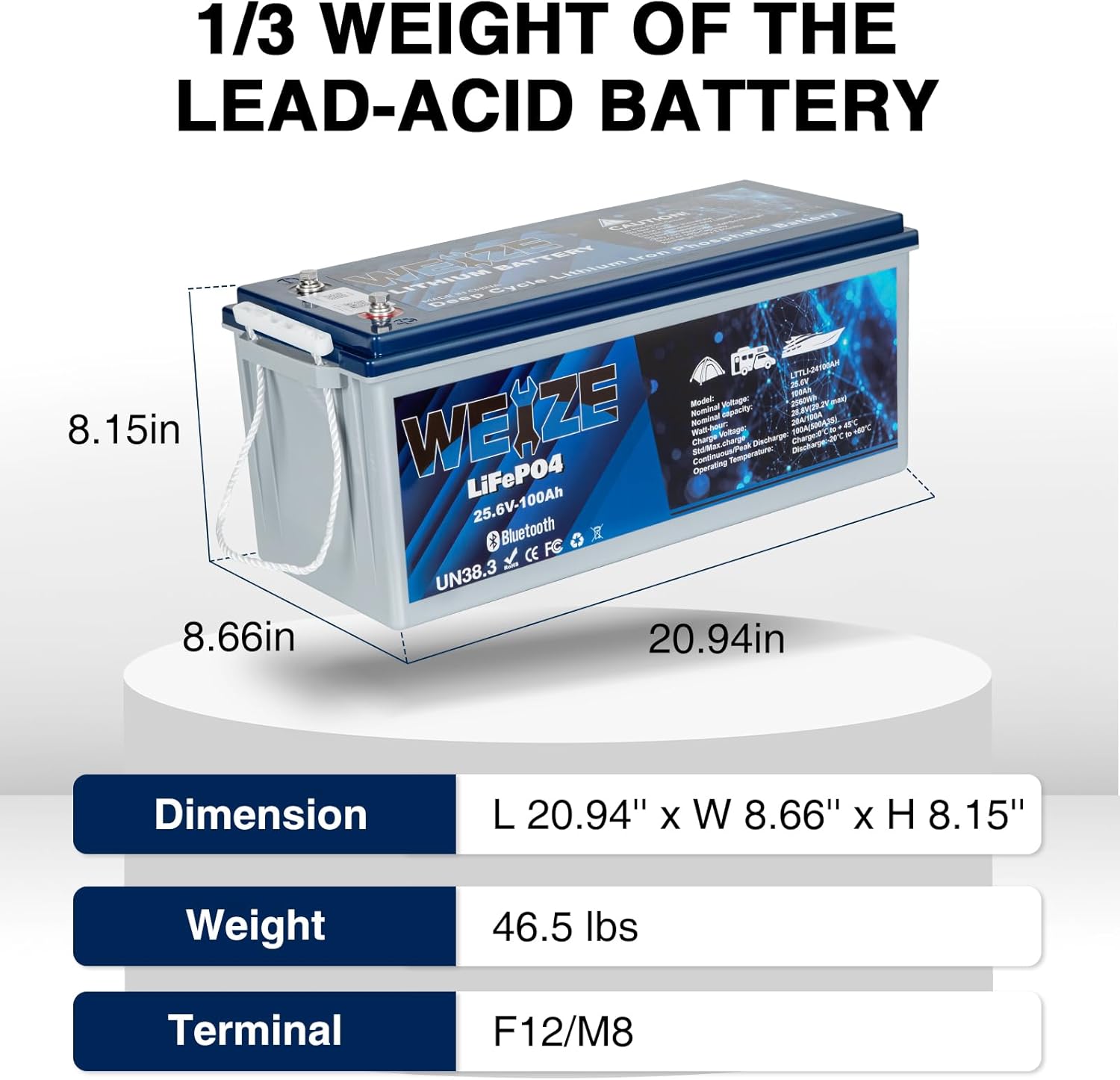 WEIZE 24V 100AH Bluetooth LiFePO4 Lithium Battery with Built-in 150A BMS | Low Temperature Protection | 500A/3S Peak Discharge | Deep Cycle Battery for Trolling Motor, Solar System, RV, Camping & Off-Grid Applications | Perfect for Marine, Home Energy Storage & Outdoor Adventures