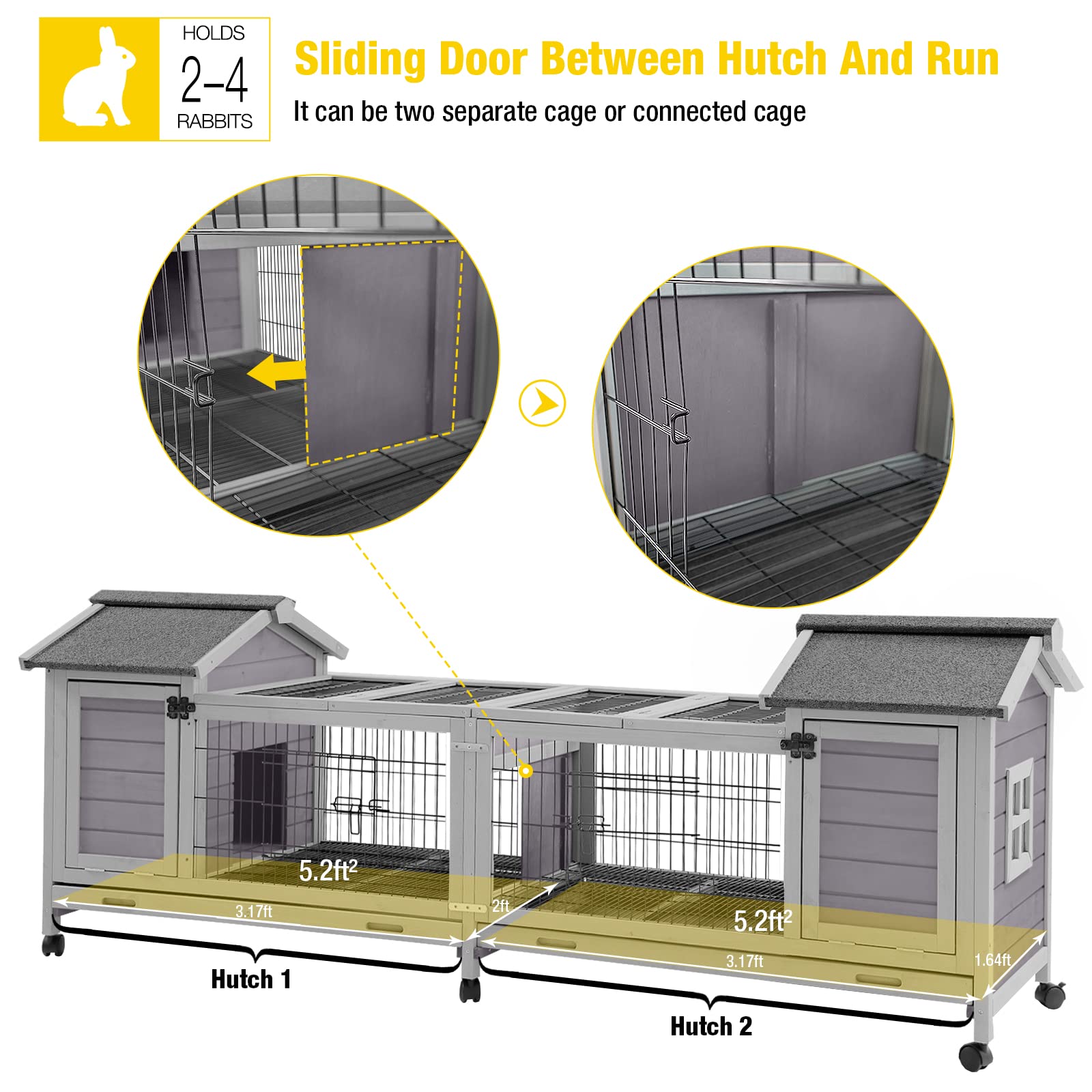 Aivituvin Rabbit Hutch Bunny Cage - Double House & Run Indoor/Outdoor Guinea Pig Cage with Deep No-Leak Trays & Wheels | Perfect for Small Pets Like Rabbits, Guinea Pigs & Hamsters | Great for Backyard, Patio or Indoor Use
