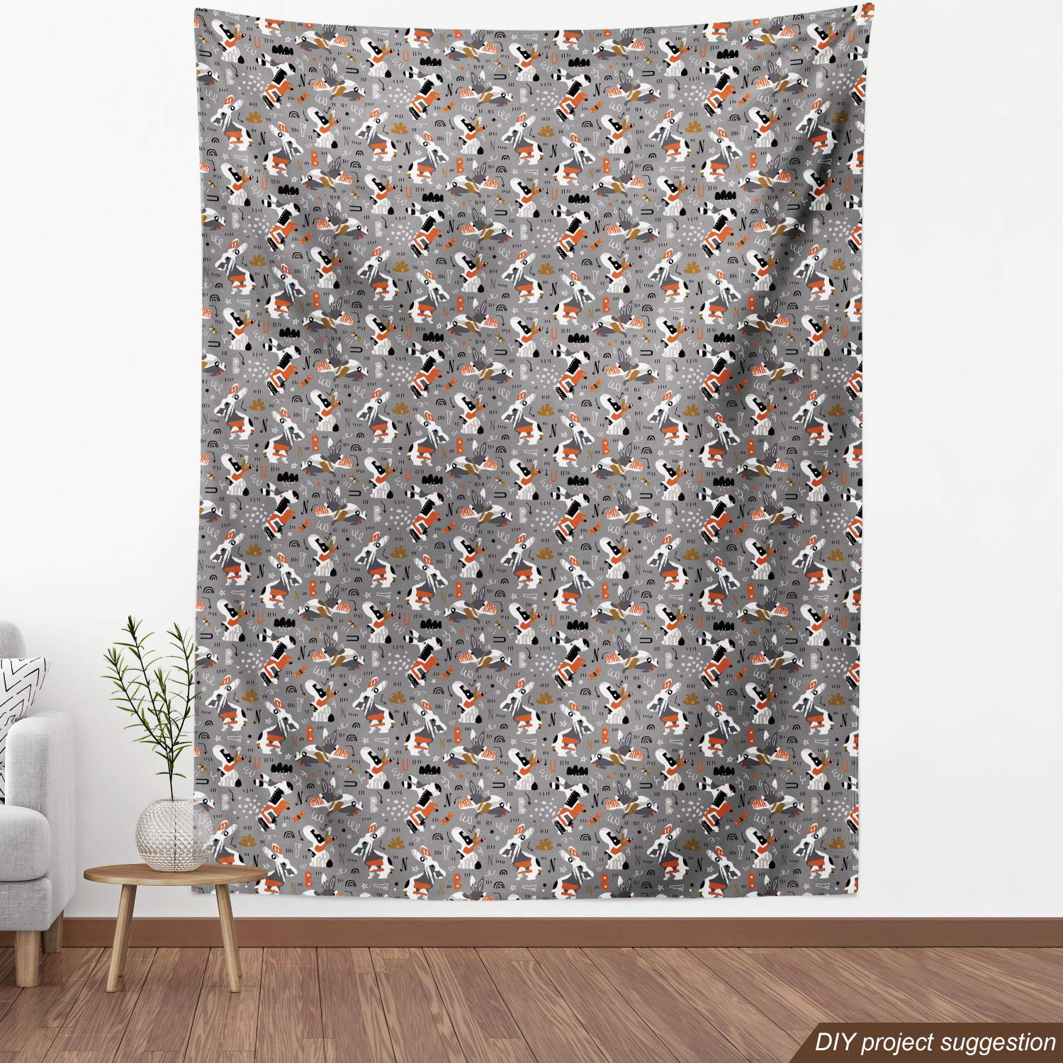 Ambesonne Abstract Fabric by The Yard - Funny Easter Rabbit Cartoon Bunny Art Doodle Forest Print - Decorative Upholstery Fabric for Sofa, Curtains & Home Decor - 10 Yards - Grey Rust Chocolate - Perfect for Easter Decorations & Spring Home Accents