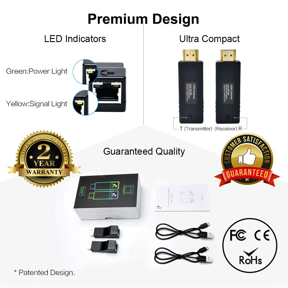 DDMALL Mini HDMI Extender 1080p@60Hz up to 196ft/60m - HDMI Over Ethernet Extender for Single CAT5e/CAT6/CAT7 Cable - Zero Latency Audio Video Transmission - Supports HDCP EDID POC - HDMI Transmitter & Receiver Kit (HE-15) - Perfect for Home Theater, Gaming Setup & Conference Room AV Systems