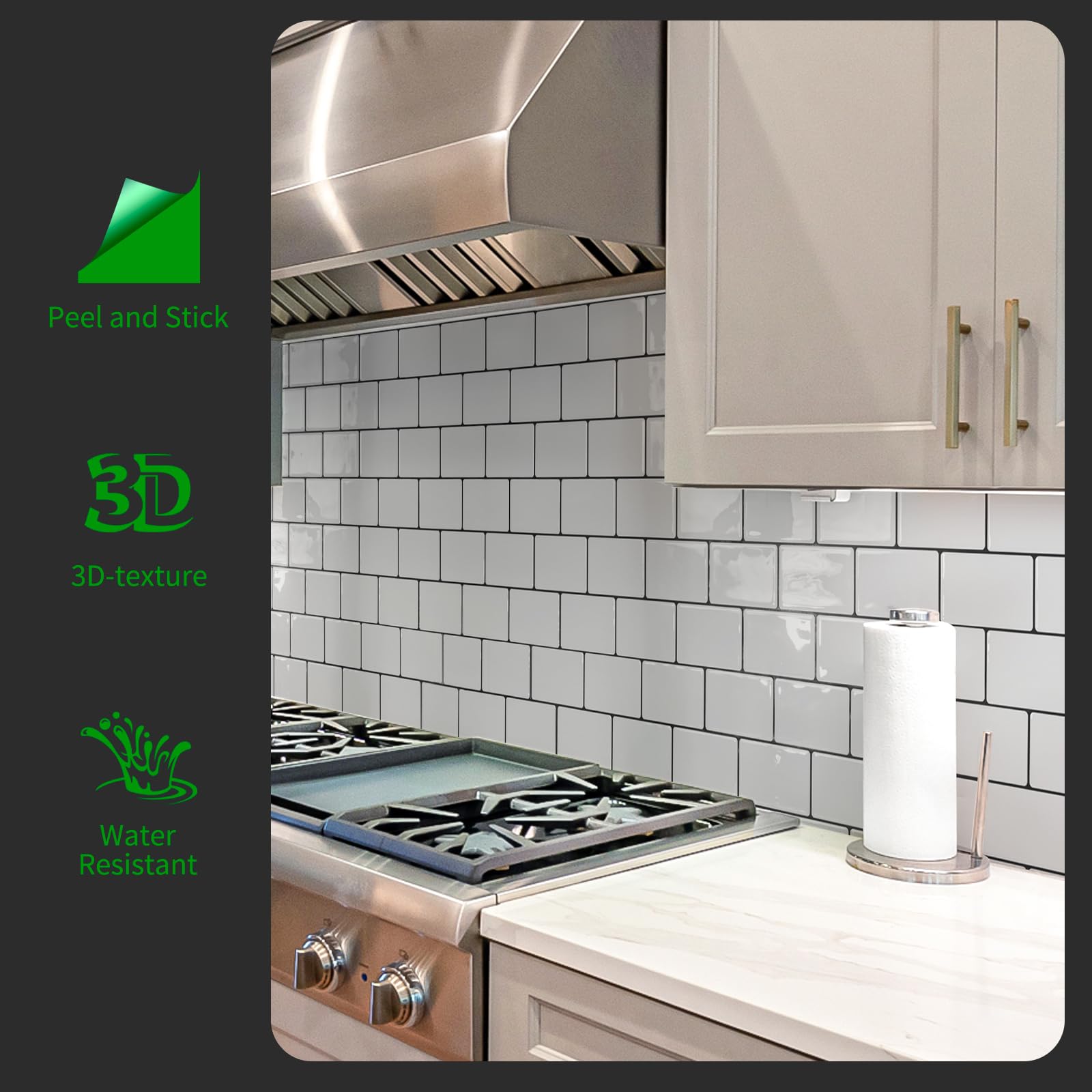 Self-Adhesive Peel and Stick Backsplash Tile for Kitchen - White Subway Tile with Black Grout - Easy DIY Wall Decor for Backsplash, Bathroom, Laundry Room & RV Renovation
