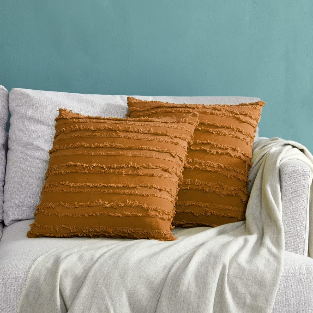 GIGIZAZA 16x16 Inch Decorative Throw Pillow Covers - Burnt Orange Cinnamon Square Cotton Couch Cushion Covers for Sofa, Boho Home Decor | Perfect for Living Room, Bedroom & Outdoor Furniture
