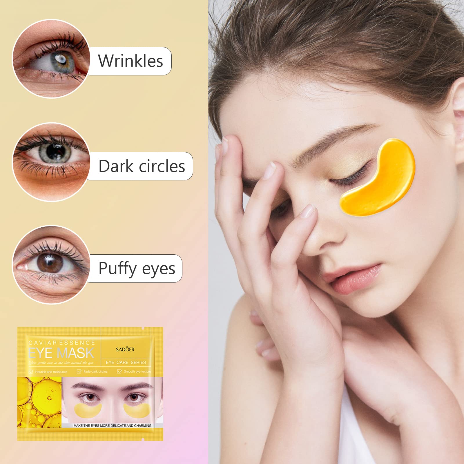 Premium Under Eye Patches - 30 Pairs Caviar Essence Eye Mask with Collagen & Gold | Reduce Puffy Eyes & Dark Circles | Anti-Aging & Deep Hydration | Perfect for Night Routine, Travel & Morning Skincare