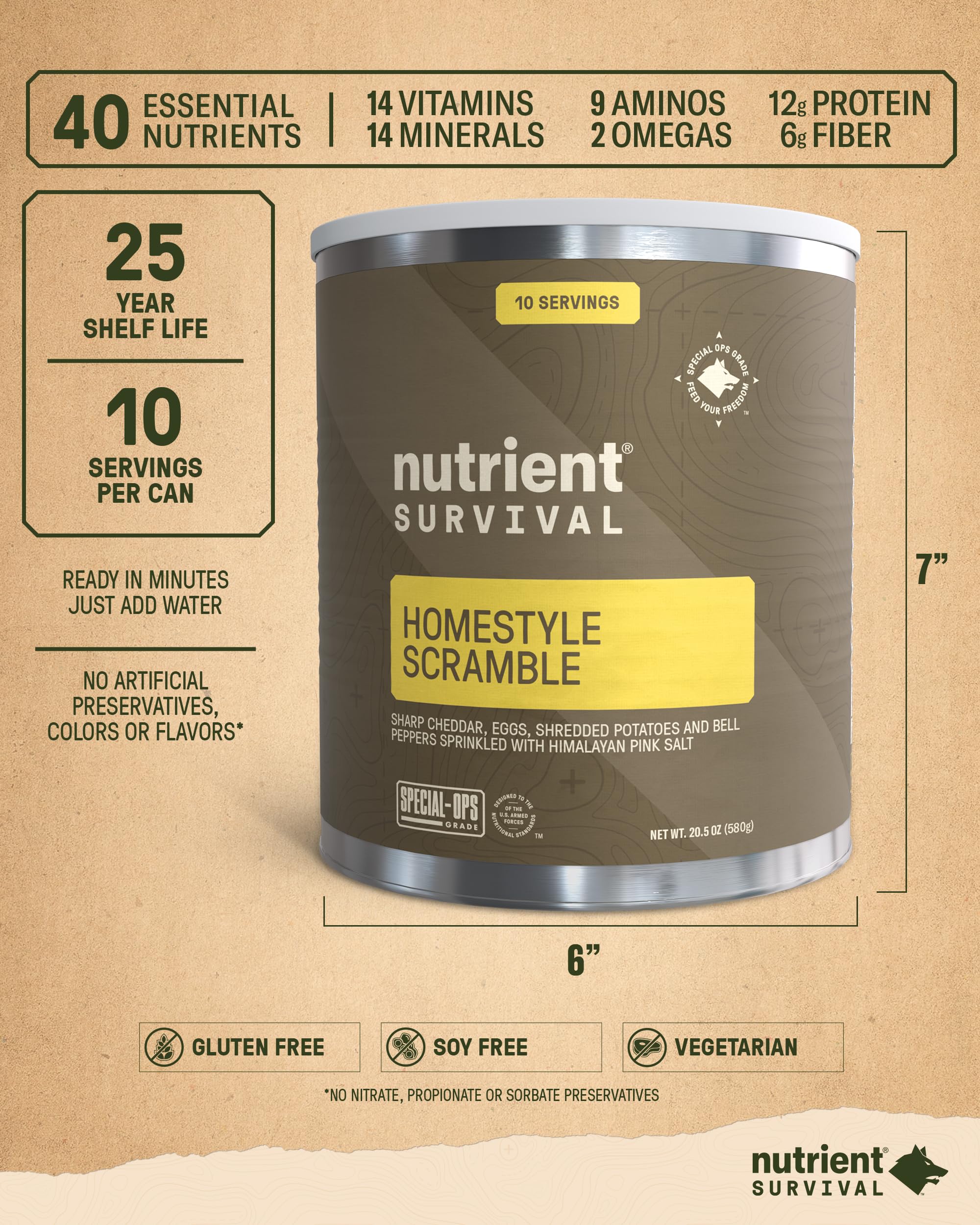 Nutrient Survival MRE Homestyle Scramble Eggs - Freeze Dried Ready-to-Eat Emergency Food (10 Servings) | 40 Essential Nutrients, 25 Year Shelf Life | Perfect for Camping, Hiking & Disaster Preparedness