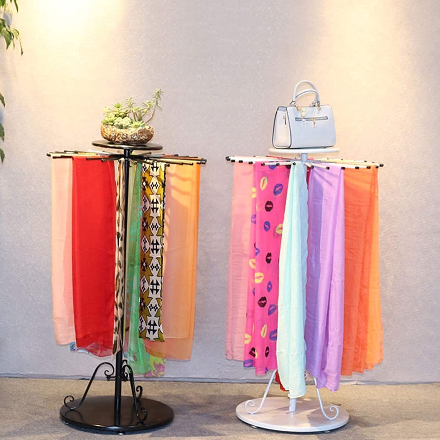 Rotatable 70cm Freestanding Round Scarf Organizer - Metal Display Stand for Shawls, Ties & Belts - Holds 30 Accessories - Black - Perfect for Boutique, Closet & Retail Store Organization