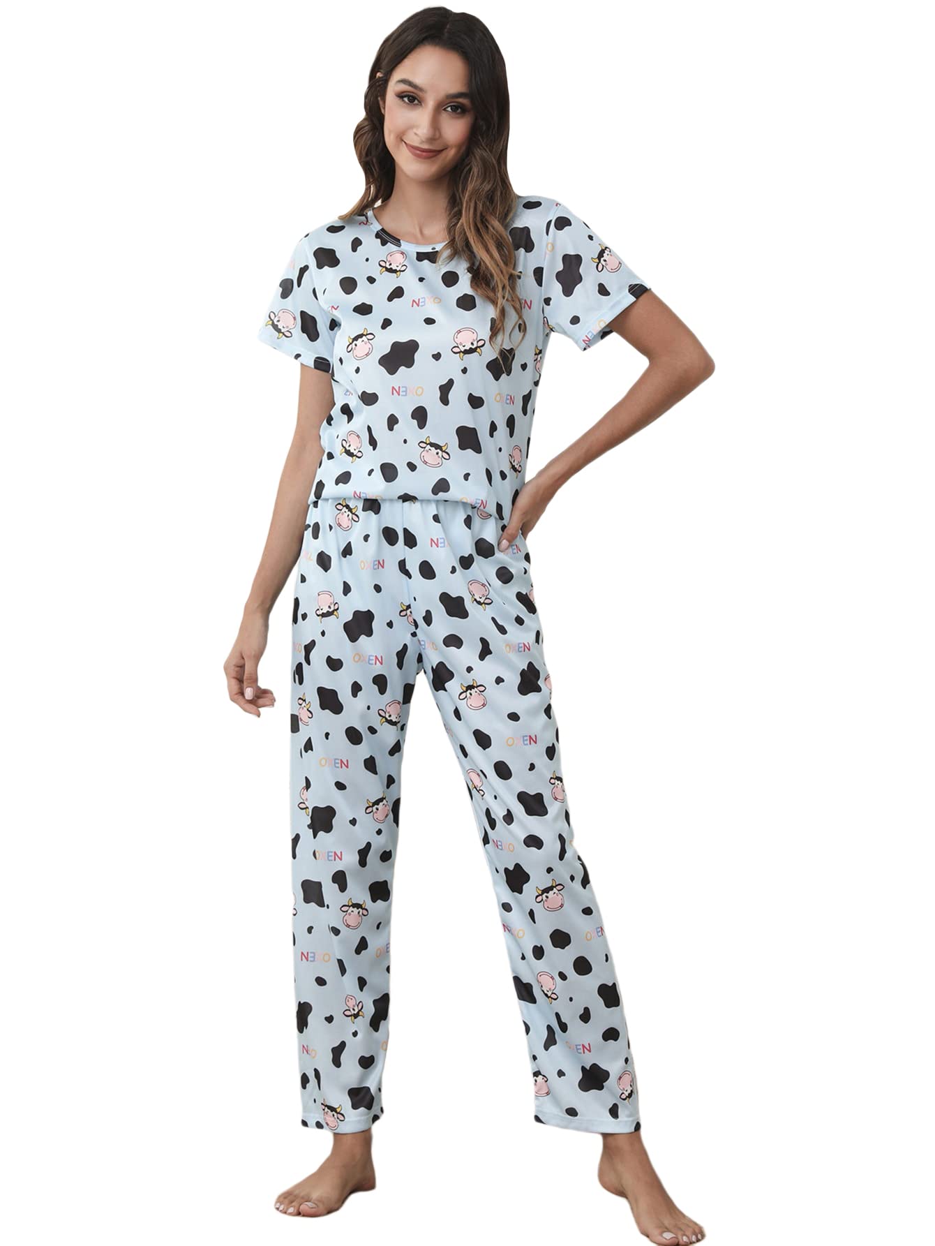 WDIRARA Women's Cute Cow Print Pajama Set - Letter Graphic Sleepshirt & Lounge Pants for Cozy Nights, Sleepovers and Relaxing at Home
