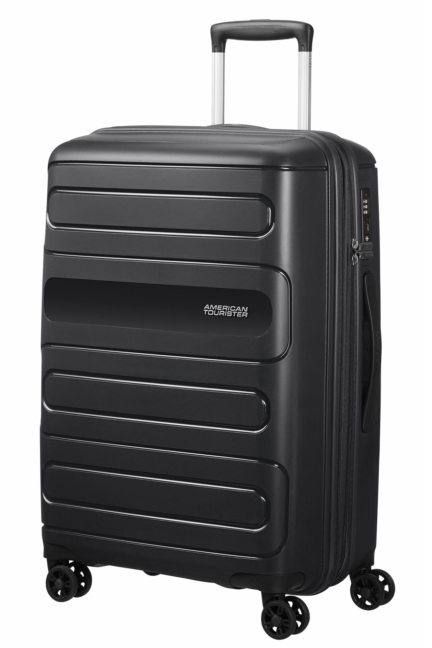 American Tourister Black Spinner Luggage 67.5cm-83.5L Carry-On Suitcase with 360° Wheels for Business Travel & Weekend Getaways