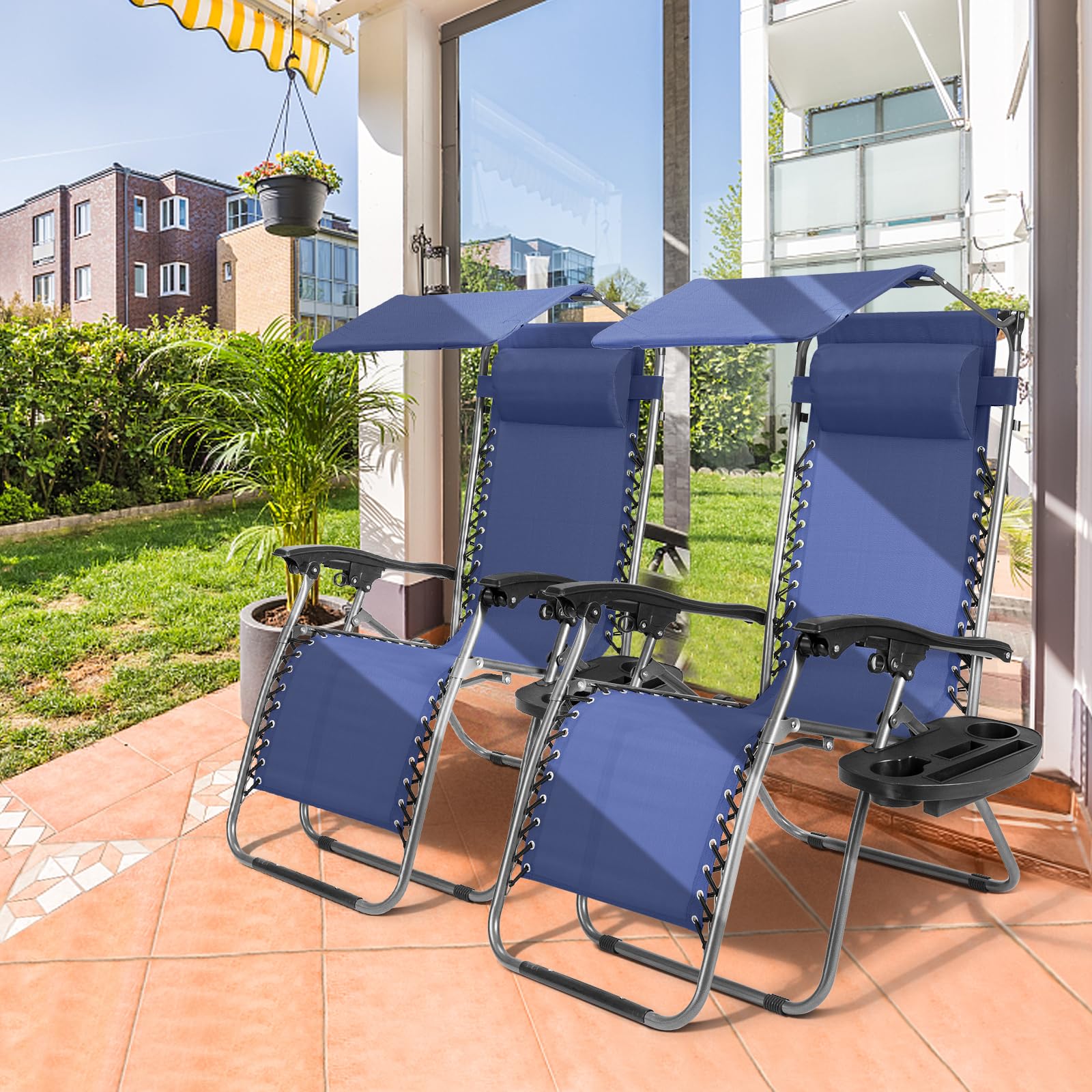**Bonnlo Zero Gravity Lounge Chair with Adjustable Canopy - Patio Recliner with Cup Holder & Headrest - Foldable Sunshade Chair for Beach, Pool, Garden & Outdoor Relaxation (Blue, 1-Pack)**