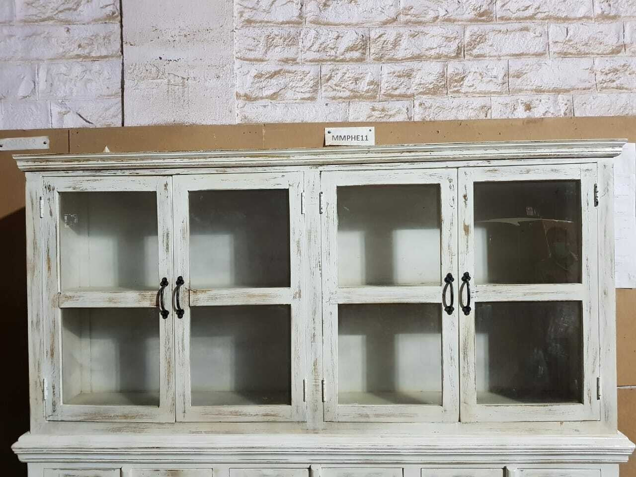 Hand Carved Indian Solid Wood Buffet Cabinet Sideboard Hutch - White | Rustic Dining Room Storage Furniture for Home Decor & Entertaining