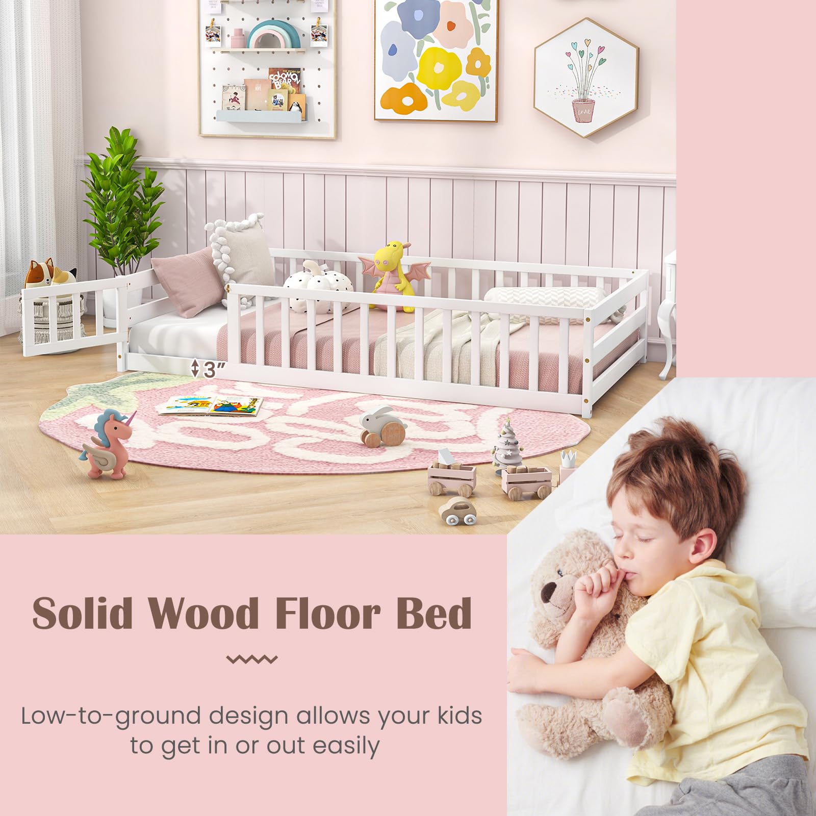 Montessori Twin Floor Bed for Kids - Wooden Low Bed with Safety Guardrails & Door, No Box Spring Needed, White | Ideal for Toddlers, Boys & Girls - Perfect for Montessori Rooms, Playrooms & Safe Sleep Spaces