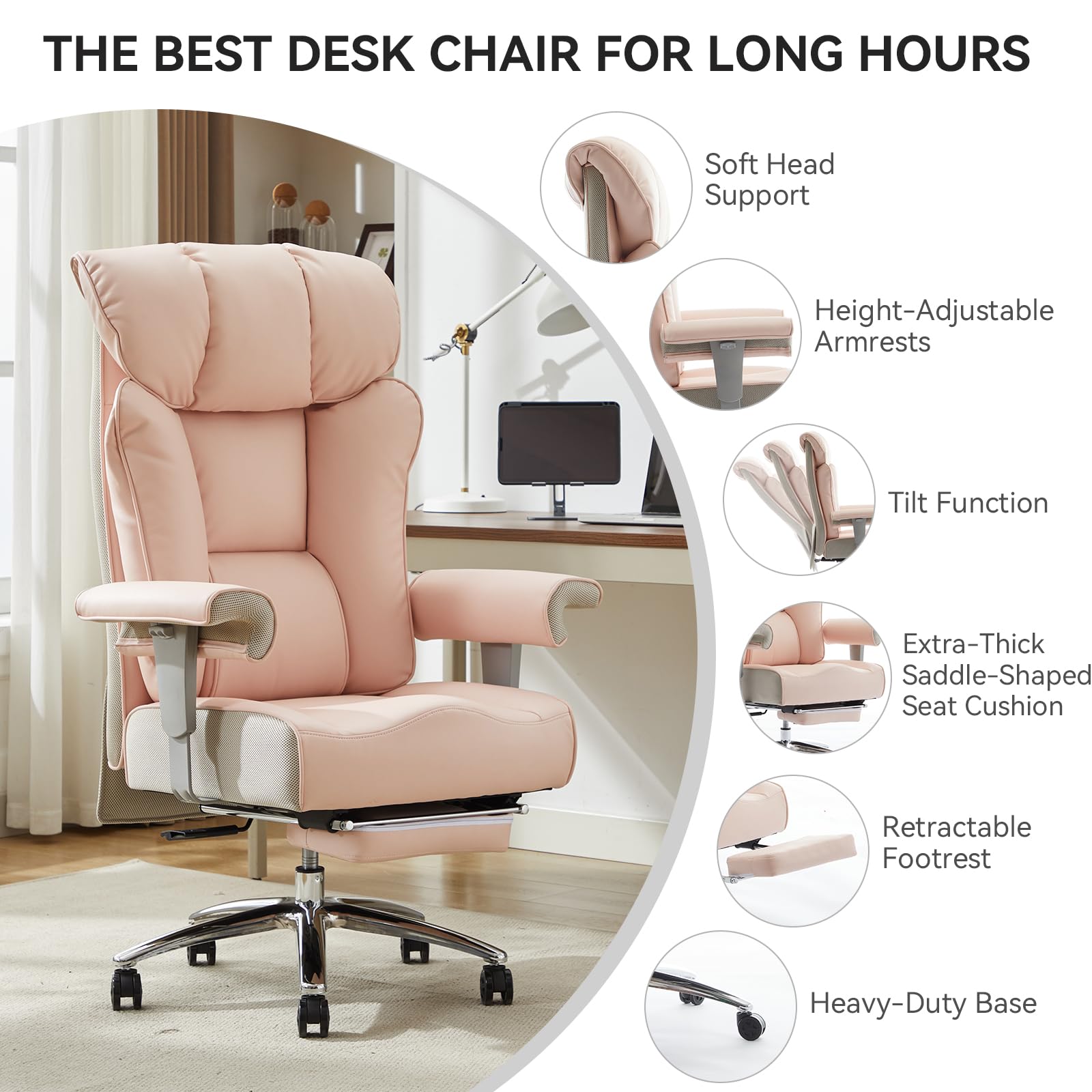 Efomao Big and Tall Office Chair 450lbs - Heavy Duty Ergonomic Executive Computer Chair with Footrest & High Back - Premium PU Leather Pink Office Chair for Home & Office Workspaces