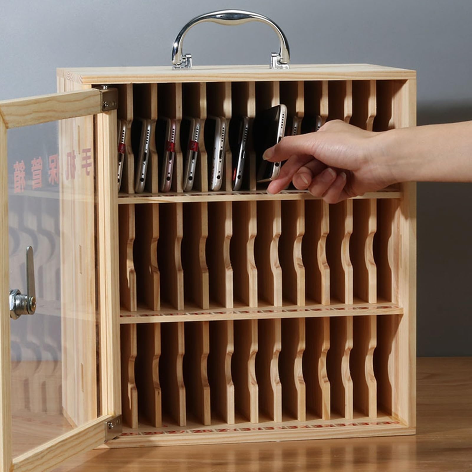 Wooden Cell Phone Storage Locker - 36 Slots Phone Holder Cabinet with Handle for Classroom, Office, and Meeting Rooms | Secure Mobile Device Organizer for Schools, Workplaces & Events