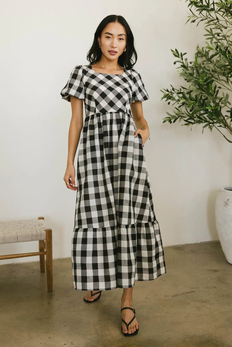 Jenna Gingham Maxi Dress in Black - Flowy Summer Dress for Women | Beach Wedding, Vacation Outfit, Casual Wear