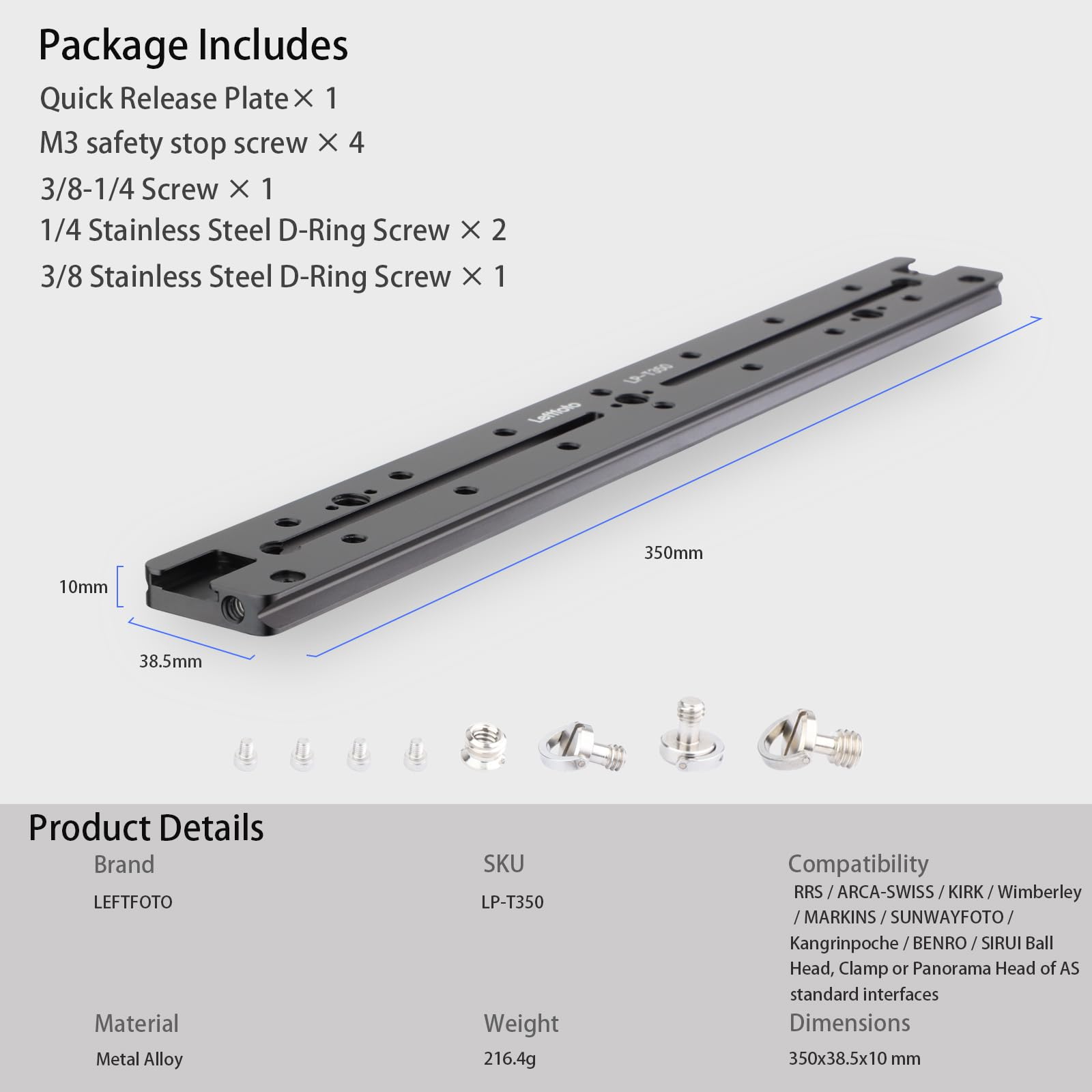 LEFTFOTO 350mm Arca-Swiss Quick Release Plate with Double Dovetail - Compatible with DSLR, Mirrorless Cameras & Tripod Ballheads - 1/4