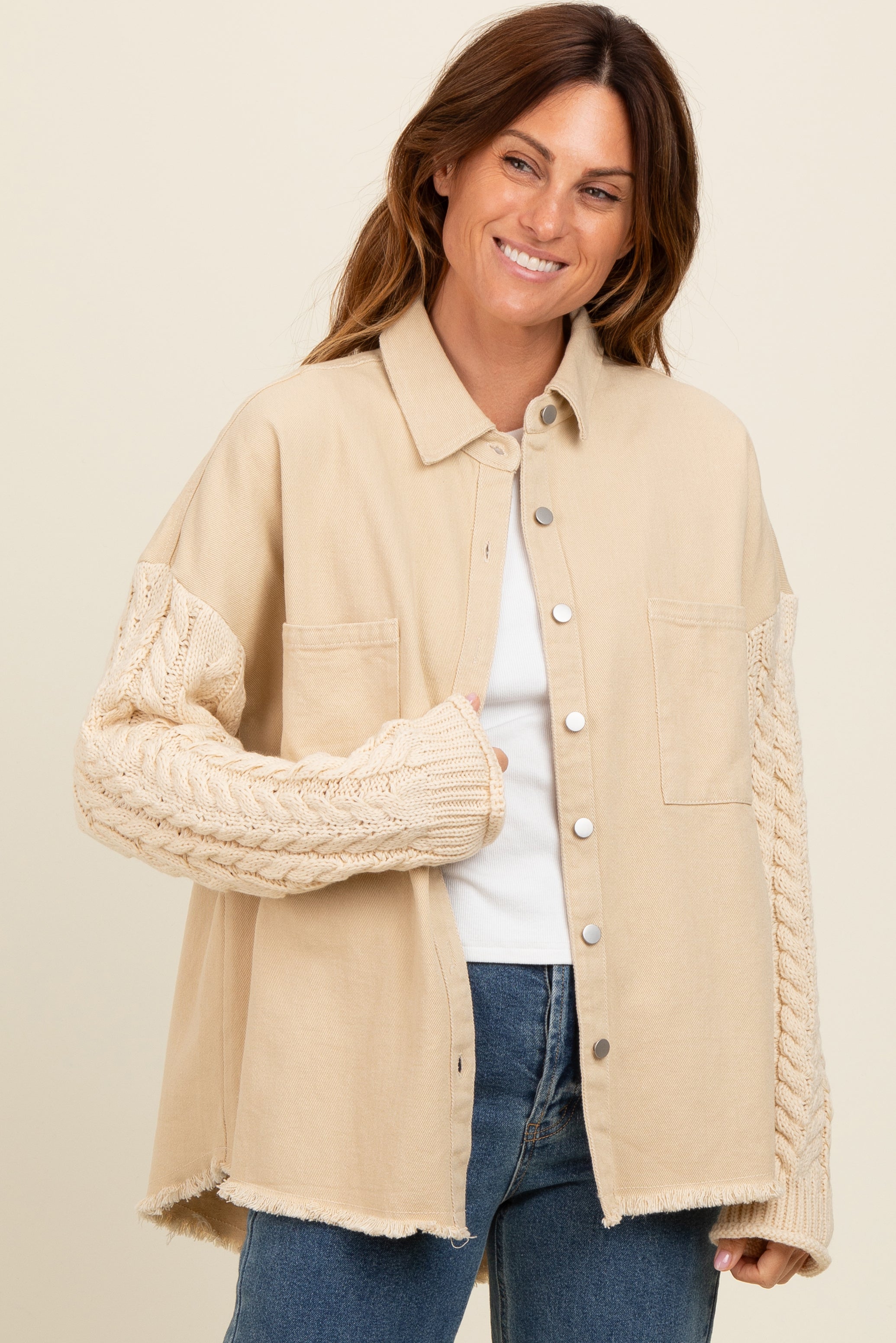 Beige Denim Cable Knit Contrast Jacket for Women - Stylish Winter Coat with Warm Knit Lining | Perfect for Casual Outings, Office Wear & Fall Fashion