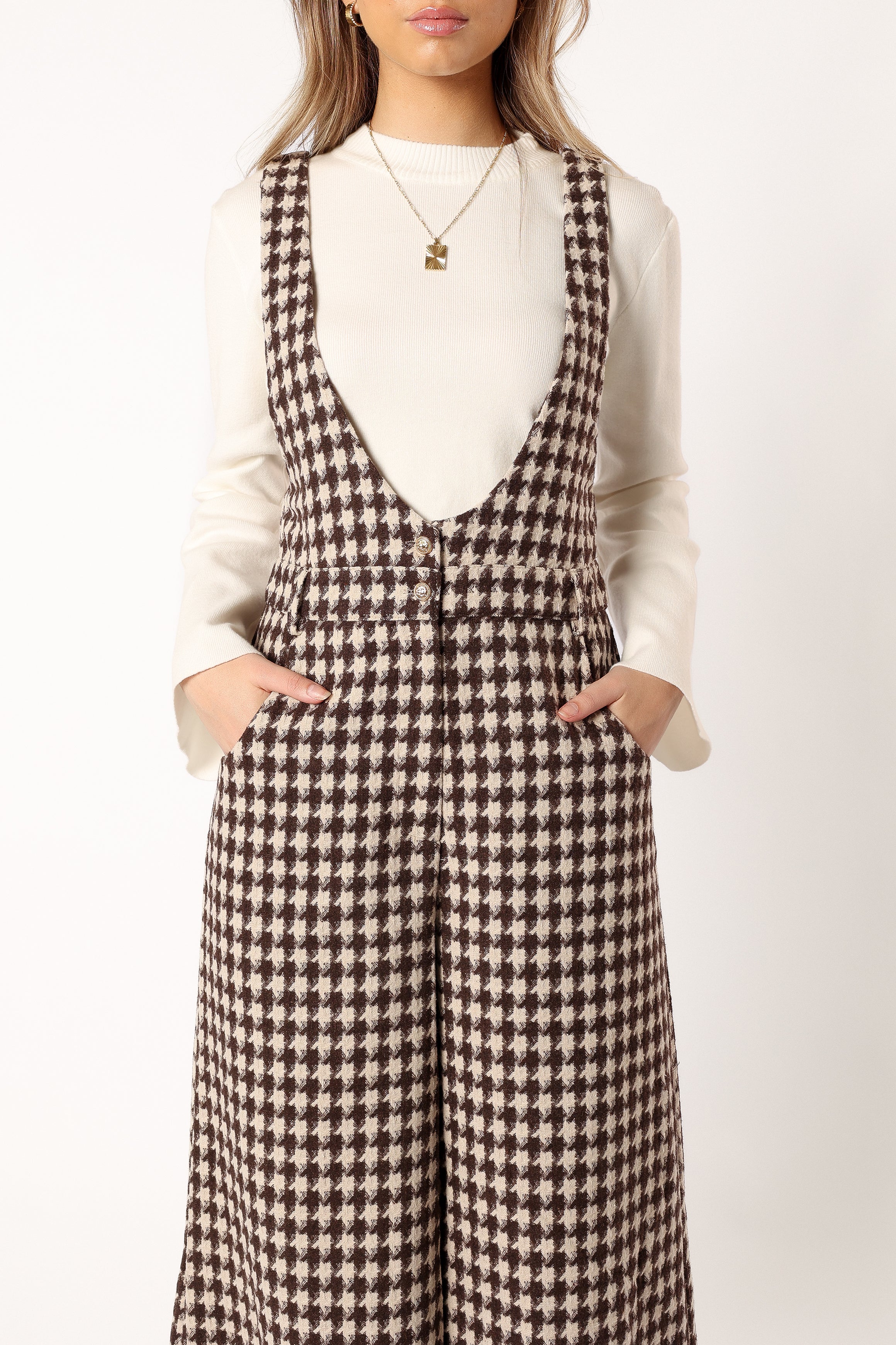 Jackson Women's Jumpsuit - Tan Houndstooth One Piece Romper | Casual Chic Outfit for Work, Date Night & Fall Fashion