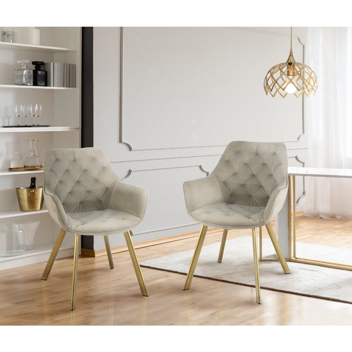 Luxury Beige Velvet Gold Arm Chairs Set of 2 - Modern Accent Chairs for Living Room, Bedroom & Office Decor