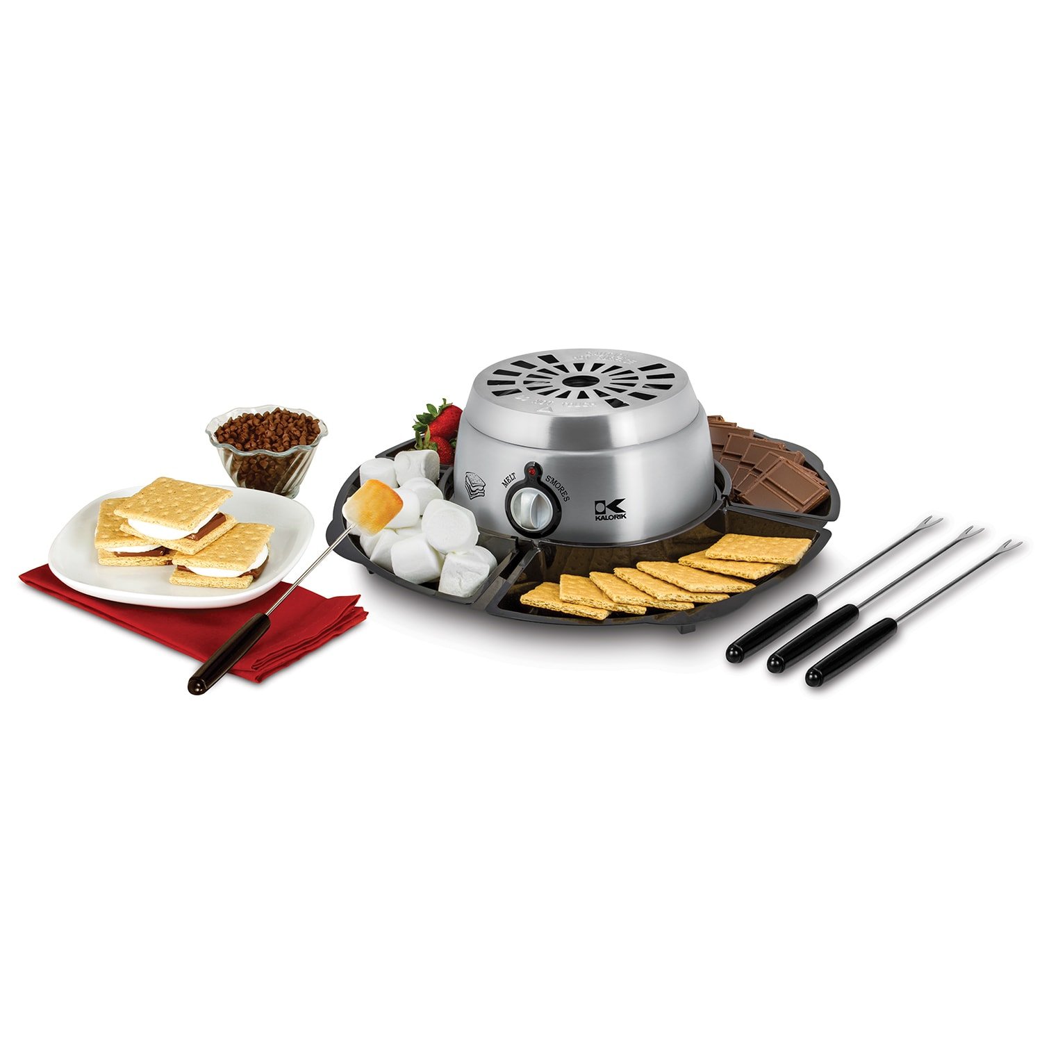 Kalorik 2-in-1 Smores Maker & Chocolate Fondue Set with Stainless Steel Forks and Serving Tray - Perfect for Camping, Parties, and Family Gatherings