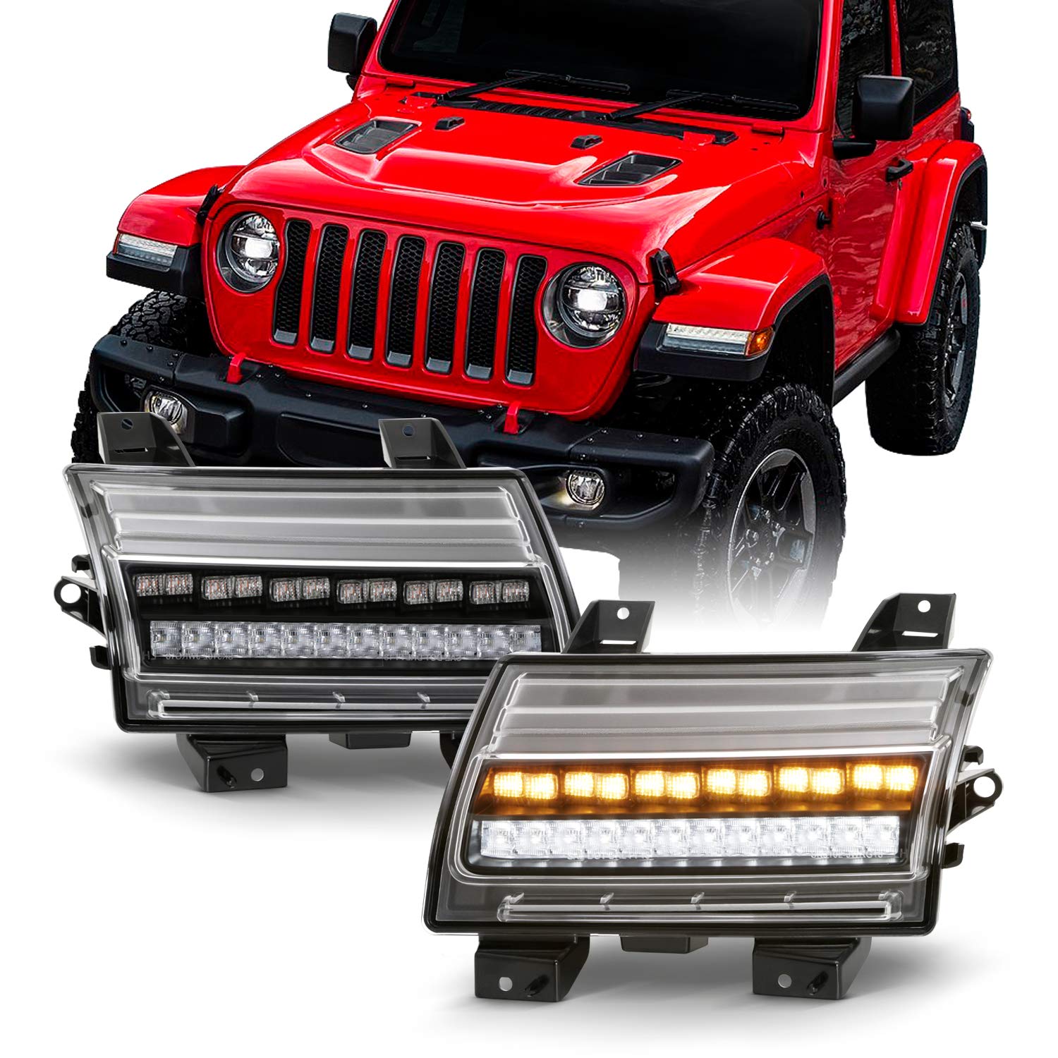 AKKON Full LED Sequential Turn Signal & Parking Lights for 2018-2023 Jeep Wrangler (JL) - Black Bumper Light Pair (Left+Right) | Halogen Replacement | Off-Road & Night Driving Enhancement
