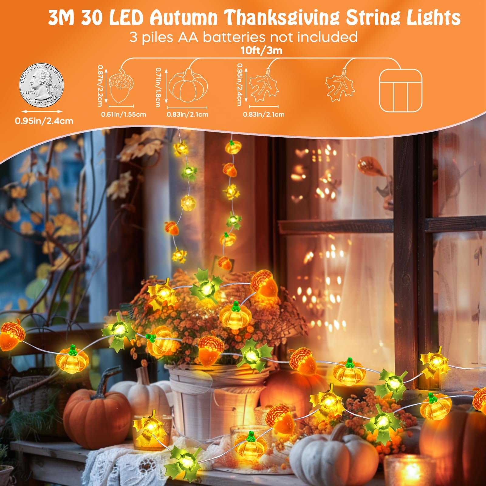 30 LED Pumpkin Maple Leaf Fairy String Lights - 10ft Battery Operated Autumn Decor for Indoor/Outdoor - Fall Harvest Table, Halloween & Thanksgiving Party Decorations - Perfect for Home, Garden, and Seasonal Celebrations