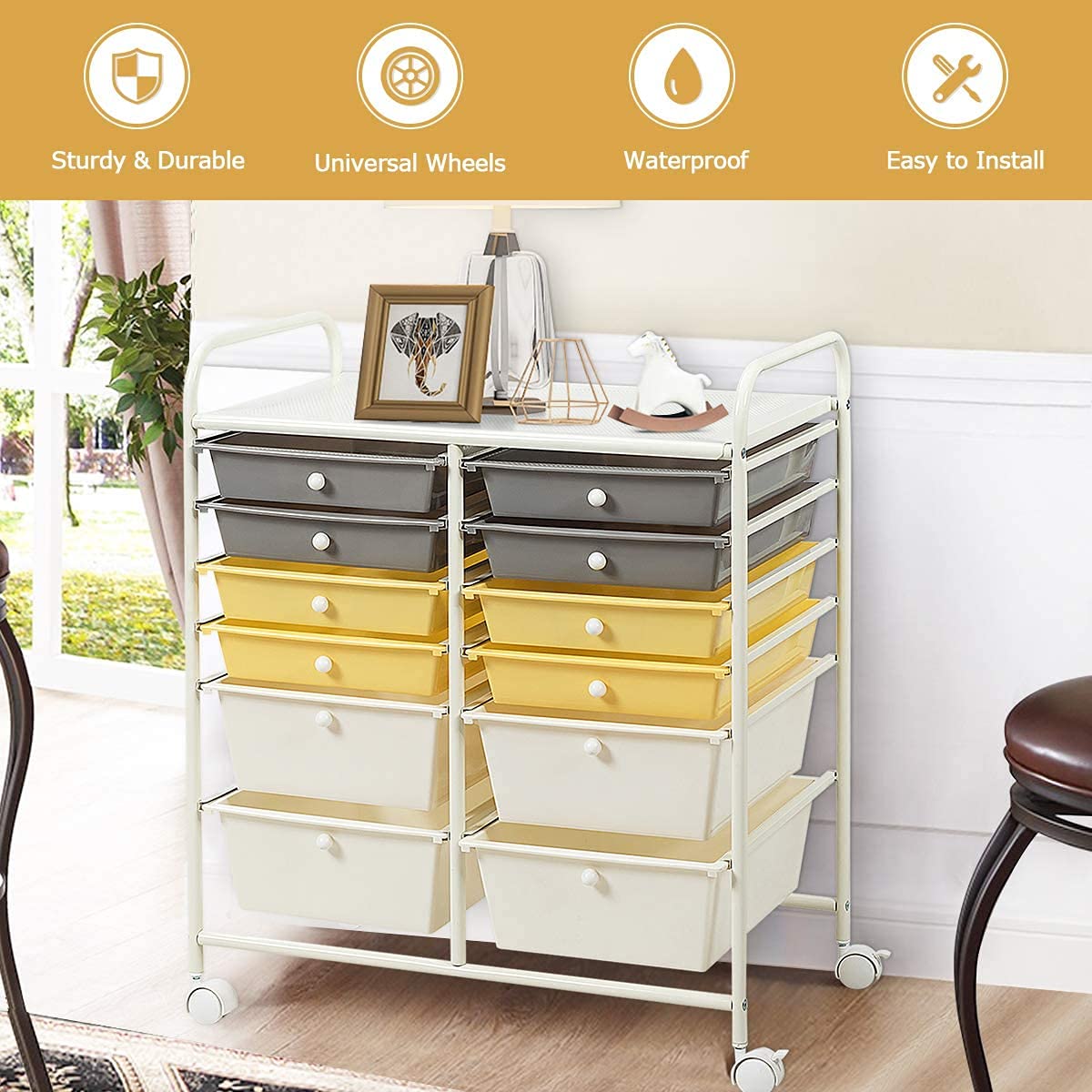FANTASK 12-Drawer Rolling Storage Cart with Wheels - Multipurpose Mobile Organizer for Tools, Crafts, Office Supplies & Beauty Products - Perfect for School, Home, Office & Salon Organization (Yellow)