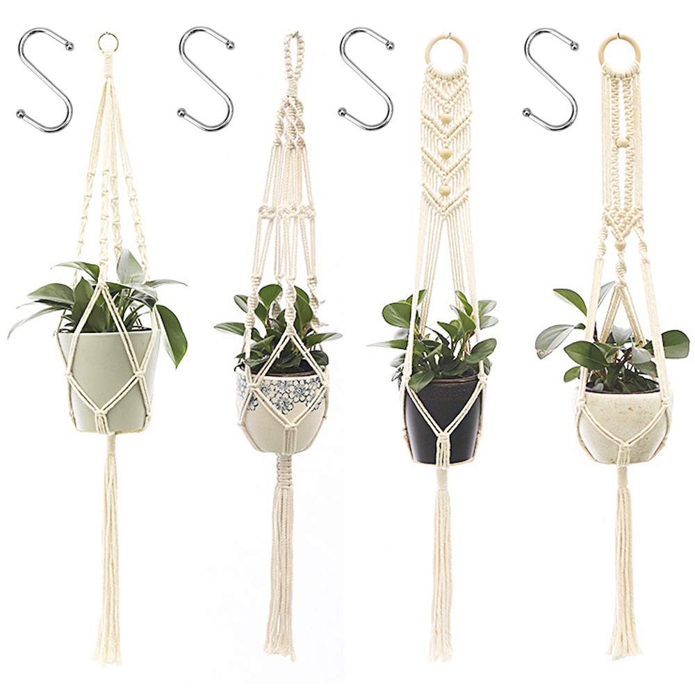 Handmade Macrame Plant Hangers 4 Pack - Indoor Outdoor Hanging Planter Basket with 4 Hooks for Flower Pots - Perfect for Home Decor, Patio, Garden & Boho Style Rooms