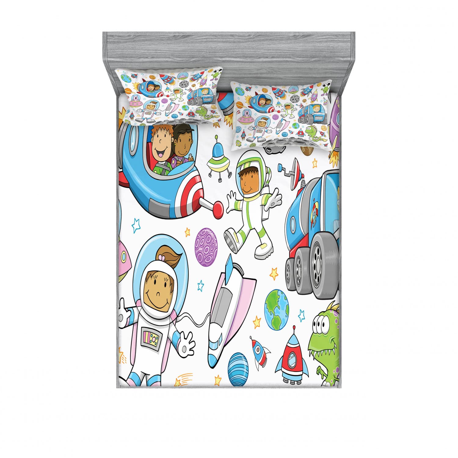 Ambesonne 2-Pack Space Rocket Themed Queen Size Fitted Sheet & Pillow Sham Set - 4 Piece Bedding Decor (2 Fitted Sheets + 4 Pillow Covers) - Vibrant Multicolor Design for Kids Room, Nursery or Space Enthusiast Bedroom Decor