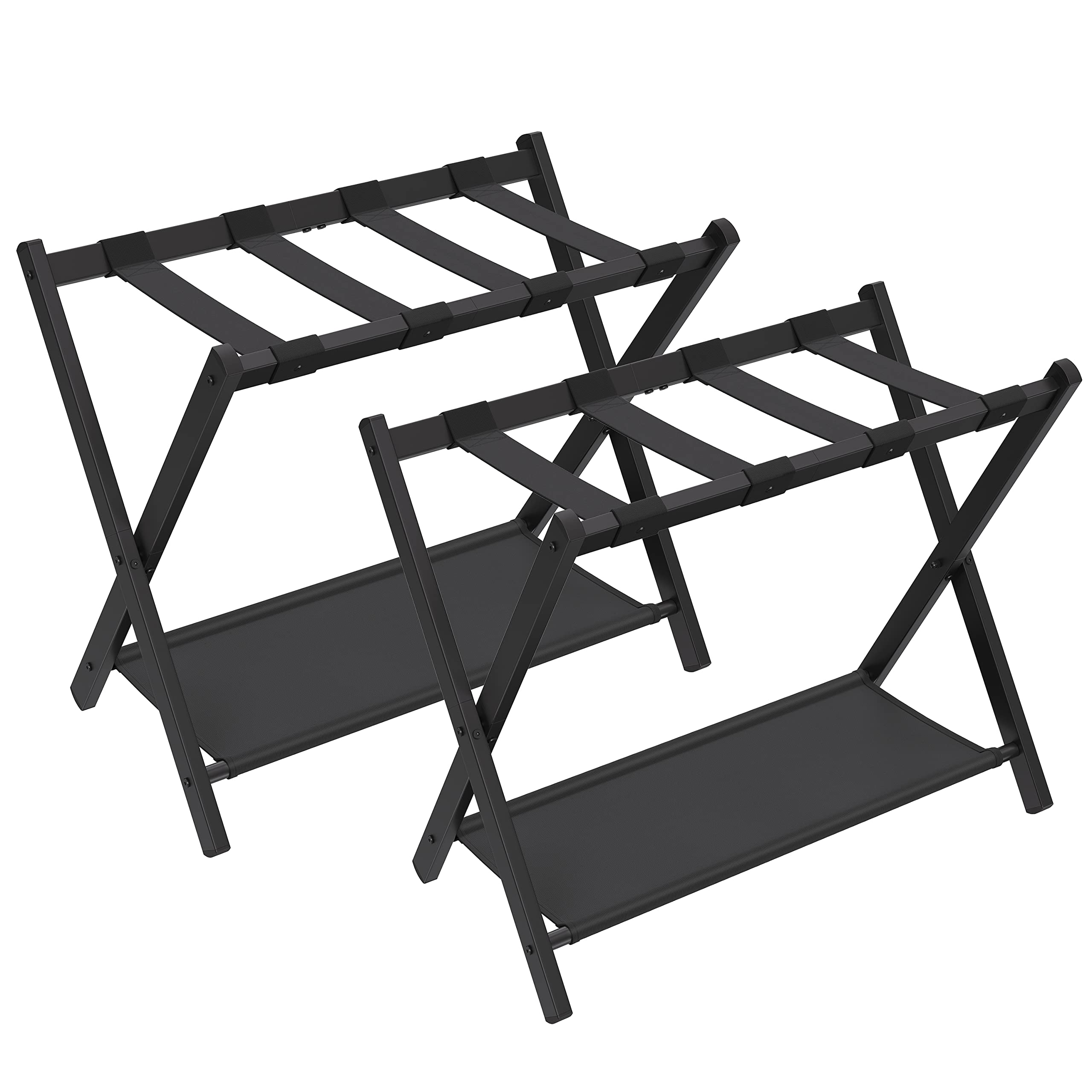 SONGMICS 2-Pack Foldable Luggage Rack with Storage Shelf - Heavy Duty Steel Frame Suitcase Stand for Bedroom, Hotel & Guest Room - Space Saving Black Travel Organizer (Perfect for Small Spaces & Overnight Guests)