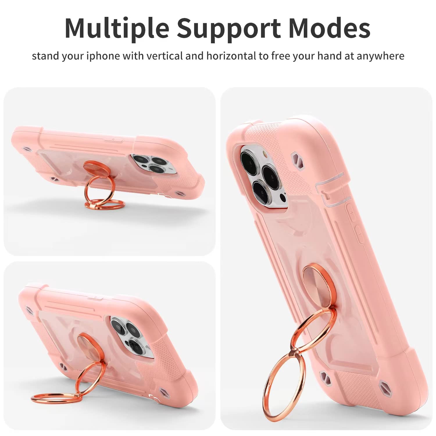 Premium Shockproof iPhone 13 Pro Max Case 6.7 Inch with Ring Stand - Includes 2 Pack Tempered Glass Screen Protector + Camera Lens Protector - Heavy Duty Protective Cover (Pink) - Perfect for Work, Travel & Outdoor Activities