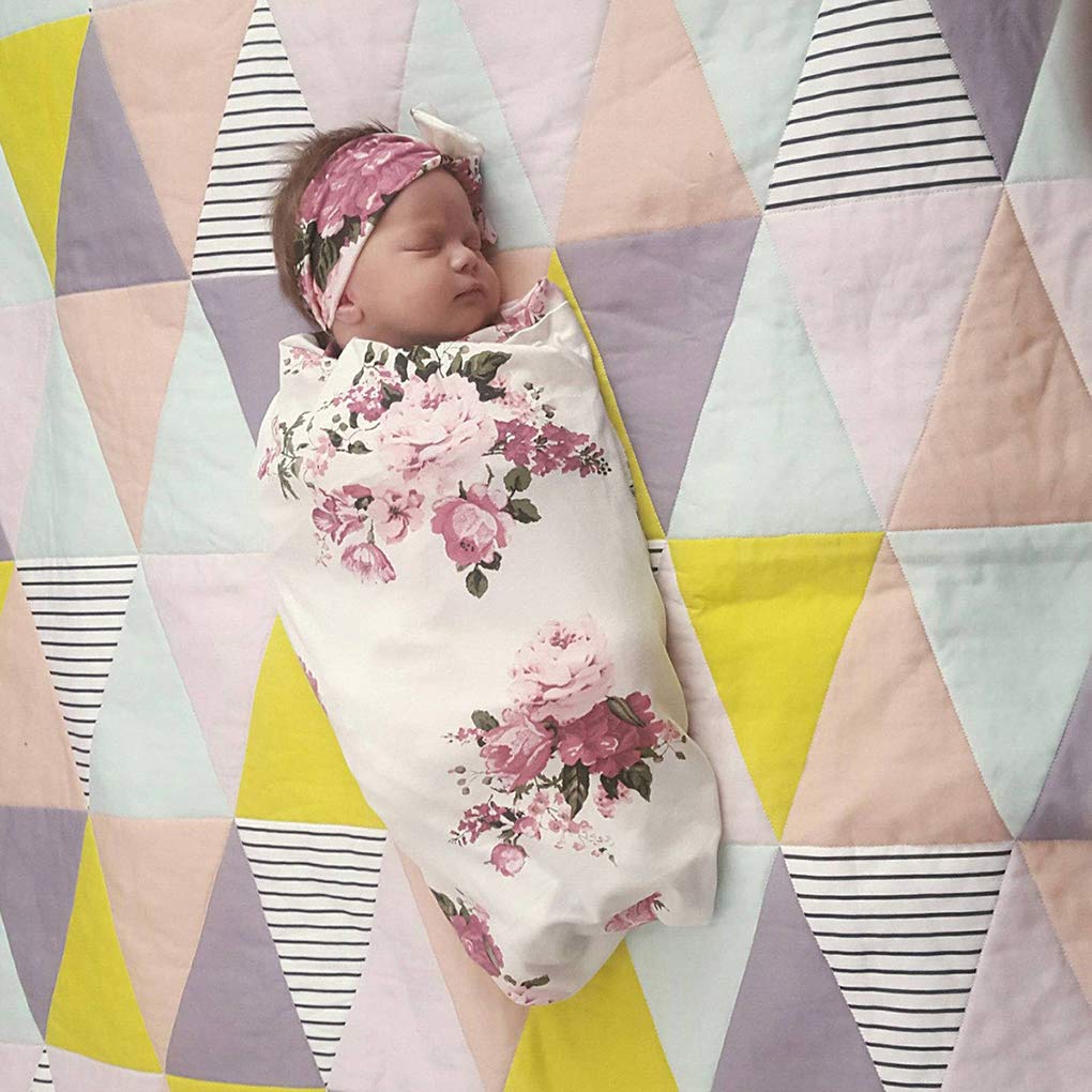 Soft Floral Baby Receiving Blankets - Newborn Swaddle Wrap & Headband Set for Girls - Perfect for Summer, Sleeping, and Coming Home Outfits