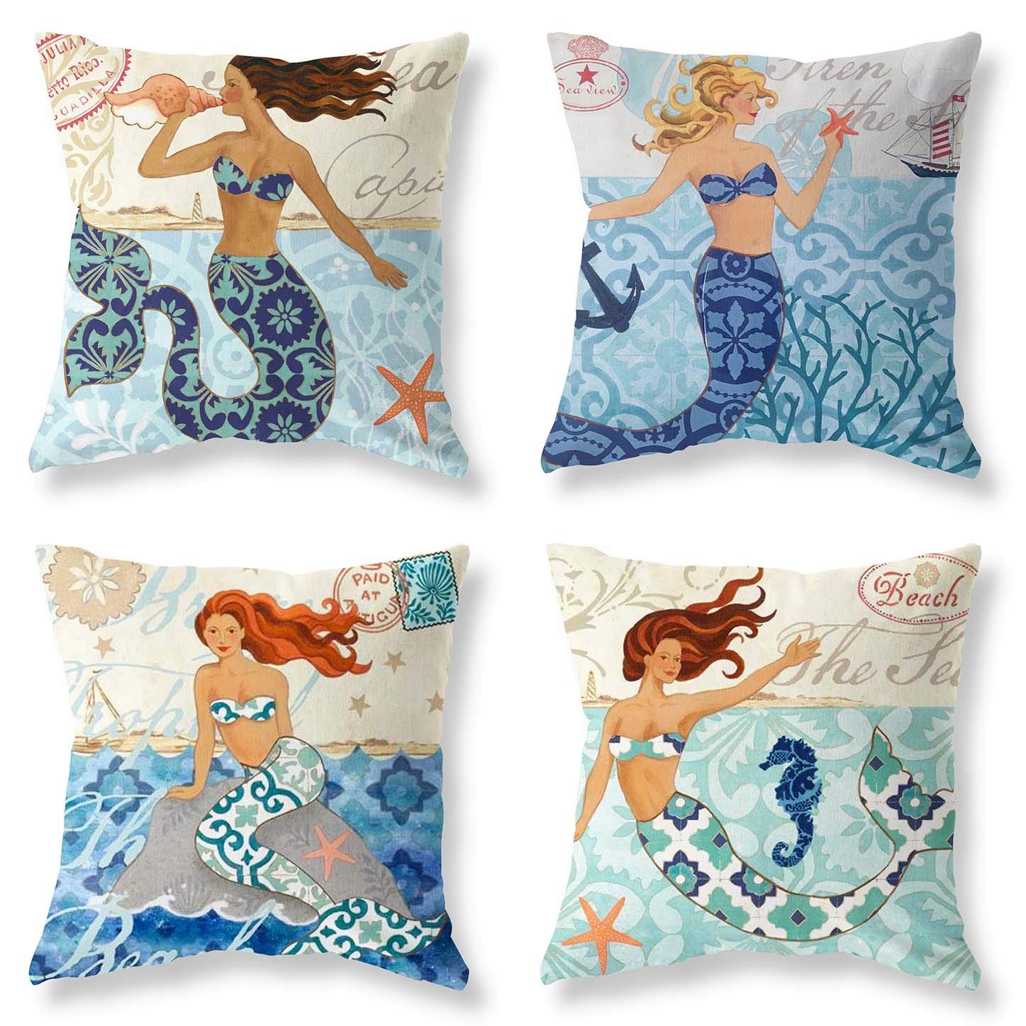 LuckyCow 4-Pack 18x18 Inch Mermaid Theme Decorative Throw Pillow Covers - Ocean Series Square Cushion Covers for Sofa, Bed, Car & Home Decor - Perfect for Living Room, Bedroom, Nursery and Beach House Styling