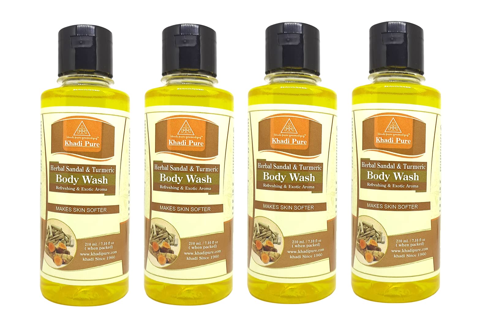 Khadi Pure Herbal Sandal & Turmeric Body Wash for Glowing Skin - 210ml (Pack of 4) | Natural Ayurvedic Cleanser for Dry & Sensitive Skin | Perfect for Daily Shower & Spa Relaxation