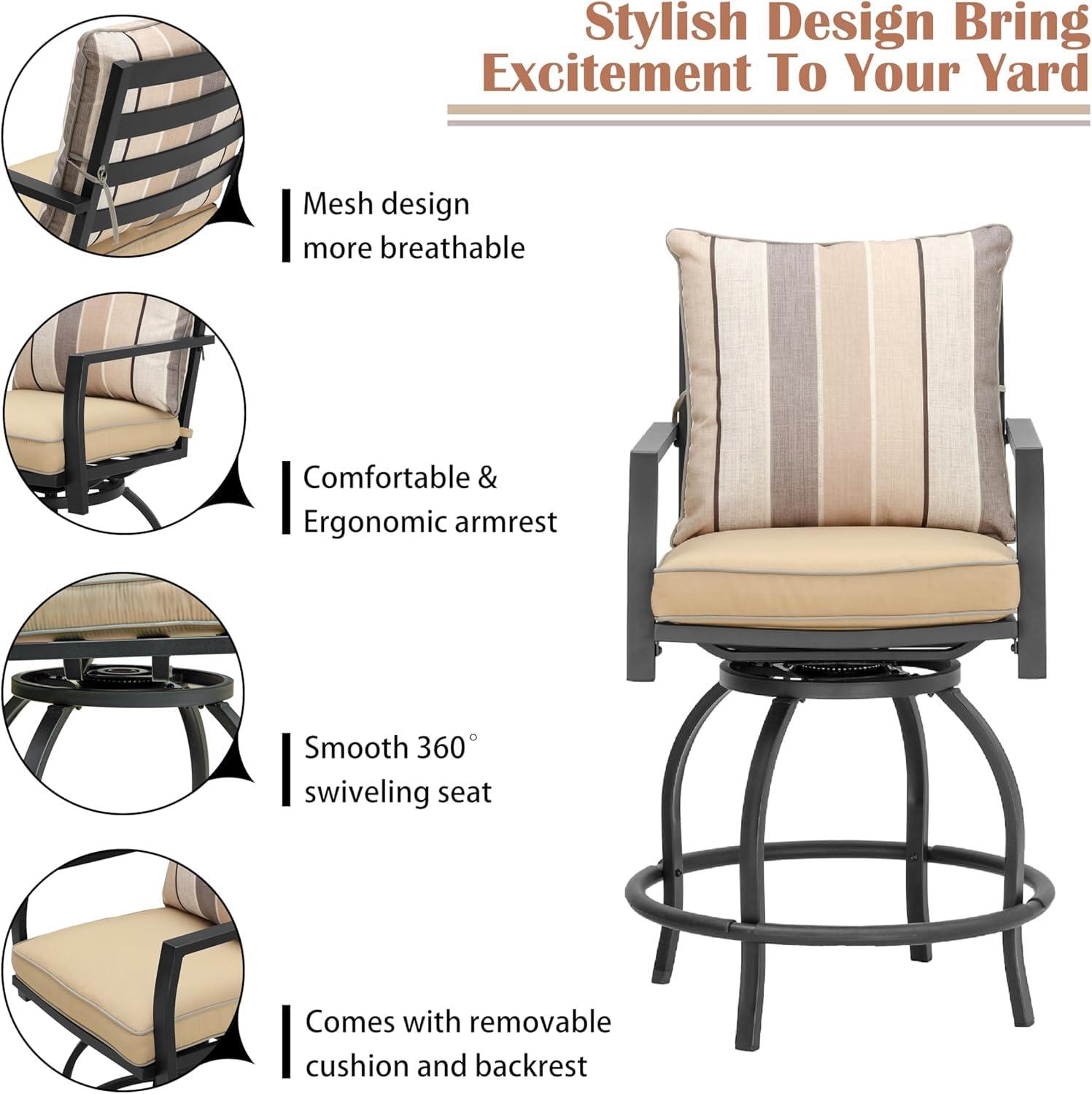 LOKATSE HOME 2-Piece Patio Swivel Bar Stools Set - Beige Outdoor Bar Height Chairs for Backyard, Deck, Poolside & Garden Relaxation