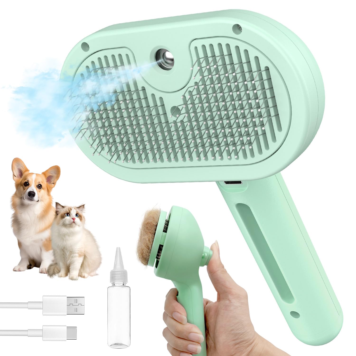 3-in-1 Self Cleaning Pet Grooming Brush - Steam Hair Brush for Dogs & Cats to Reduce Shedding, Anti-Static Deshedding Tool for Long & Short Hair Pets - Perfect for Home Grooming & Shed Control (Green)
