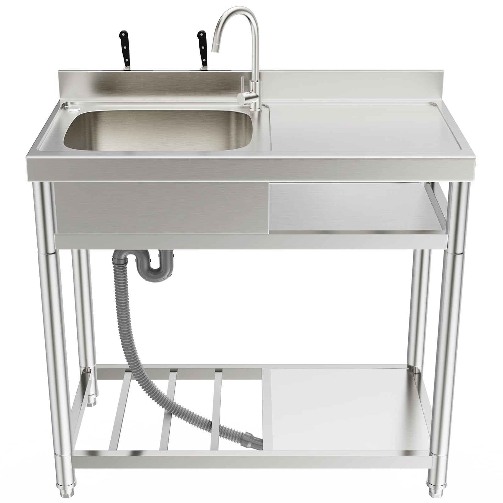Stainless Steel Commercial Utility Sink with Workbench & Storage Shelf - Free Standing Restaurant Kitchen Sink, Single Bowl Laundry Sink with Hot/Cold Water Pipes - Perfect for Outdoor, Commercial Kitchens & Laundry Rooms