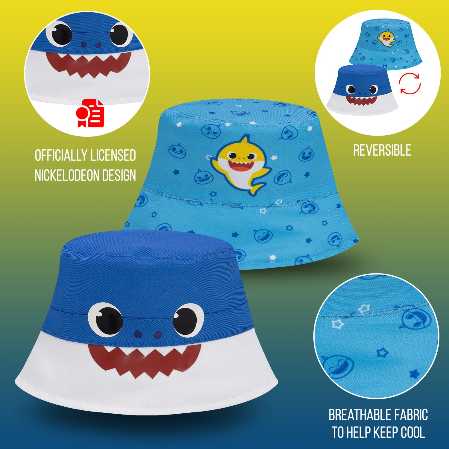Baby Shark Reversible Bucket Hat for Toddlers - UPF 50+ Sun Protection for Boys & Girls - Pinkfong Baby Shark Inspired Design - Perfect for Beach, Park & Outdoor Play