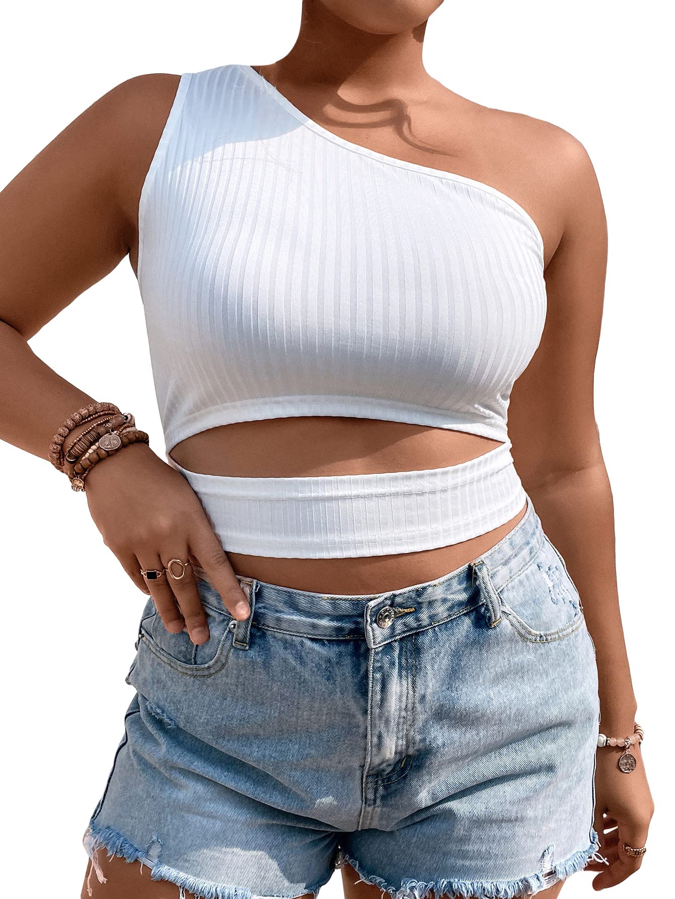 Stylish Plus Size One Shoulder Cut Out Sleeveless Crop Tank Top for Women | Trendy Summer Fashion Top | Perfect for Beach, Party & Casual Outfits