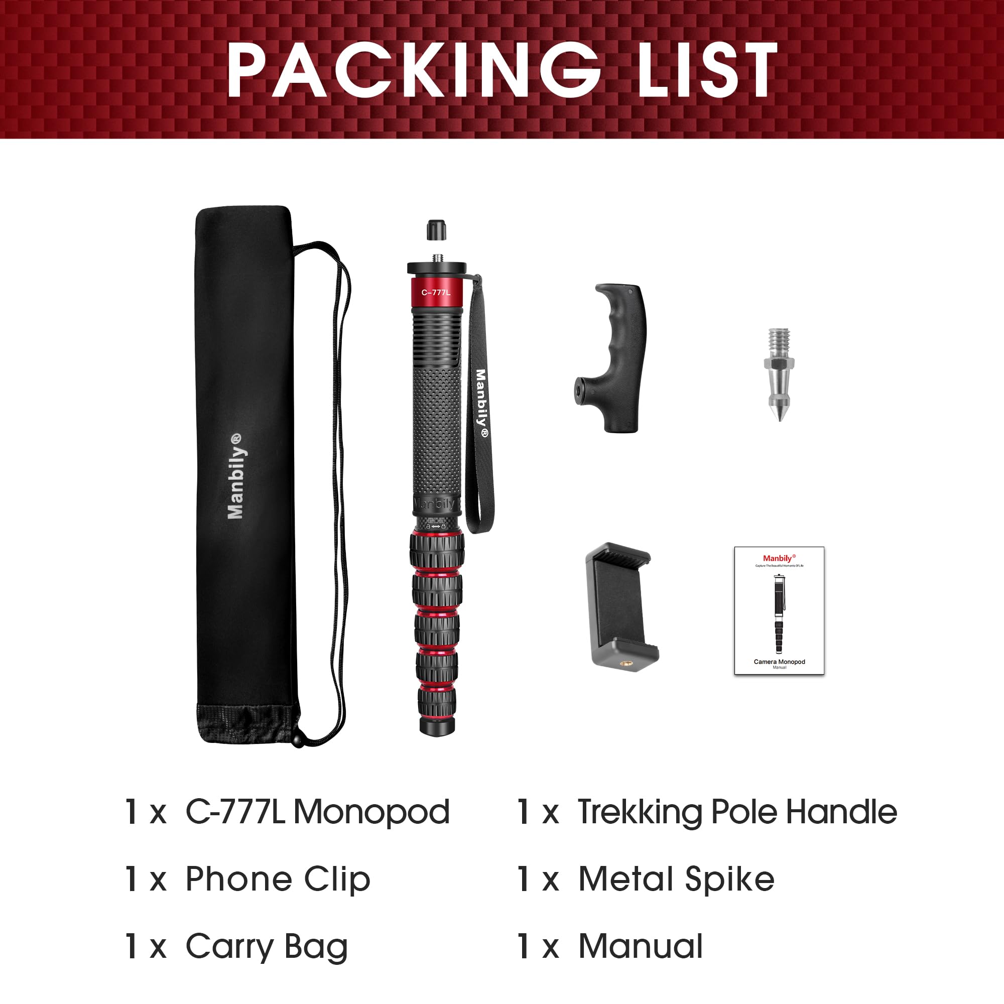Manbily C-777L 36mm Carbon Fiber Camera Monopod with Walking Stick Handle - Lightweight Portable Travel Monopod for DSLR Cameras - Perfect for Hiking, Travel Photography & Outdoor Adventures