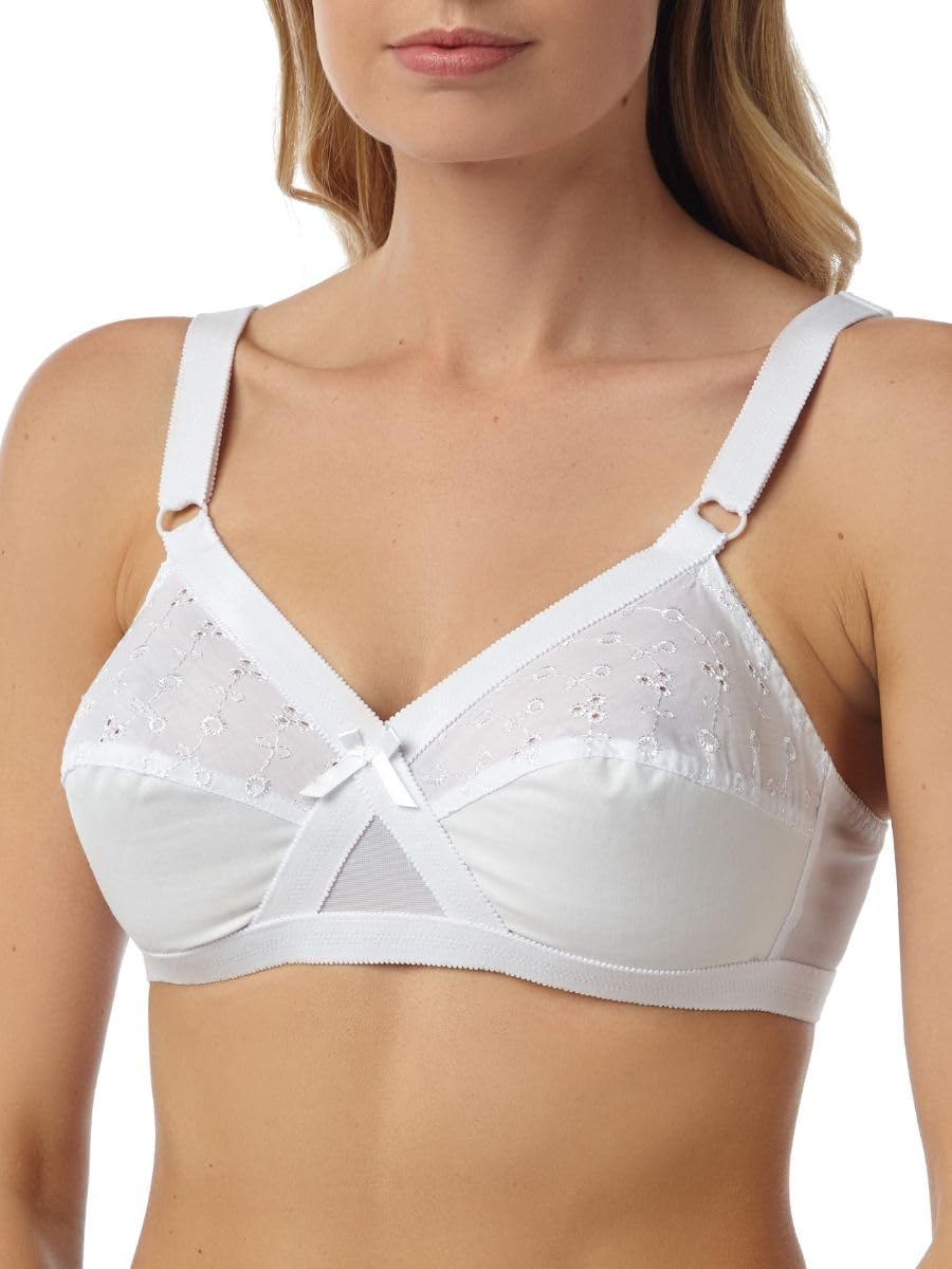 Marlon Women's Everyday Comfort Non-Wired Full Cup Embroidered Soft Bra 42D White - Perfect for Work, Yoga & Relaxation