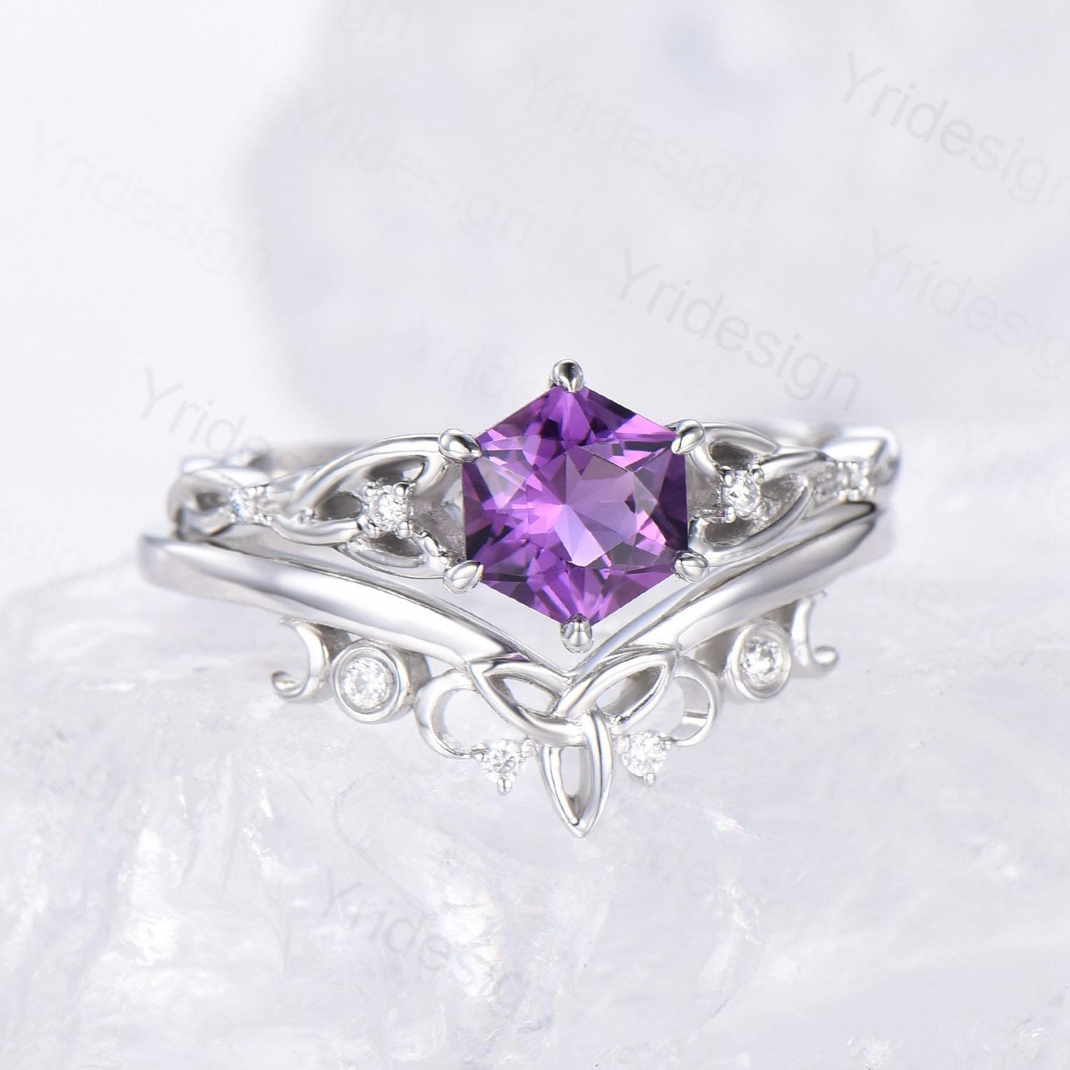 Viking Amethyst Ring Set for Women - February Birthstone Engagement & Wedding Ring - Royal Cut Hexagon Amethyst with Celtic Love Design - Perfect for Valentine's Day, Anniversary Gifts, and Bridal Jewelry