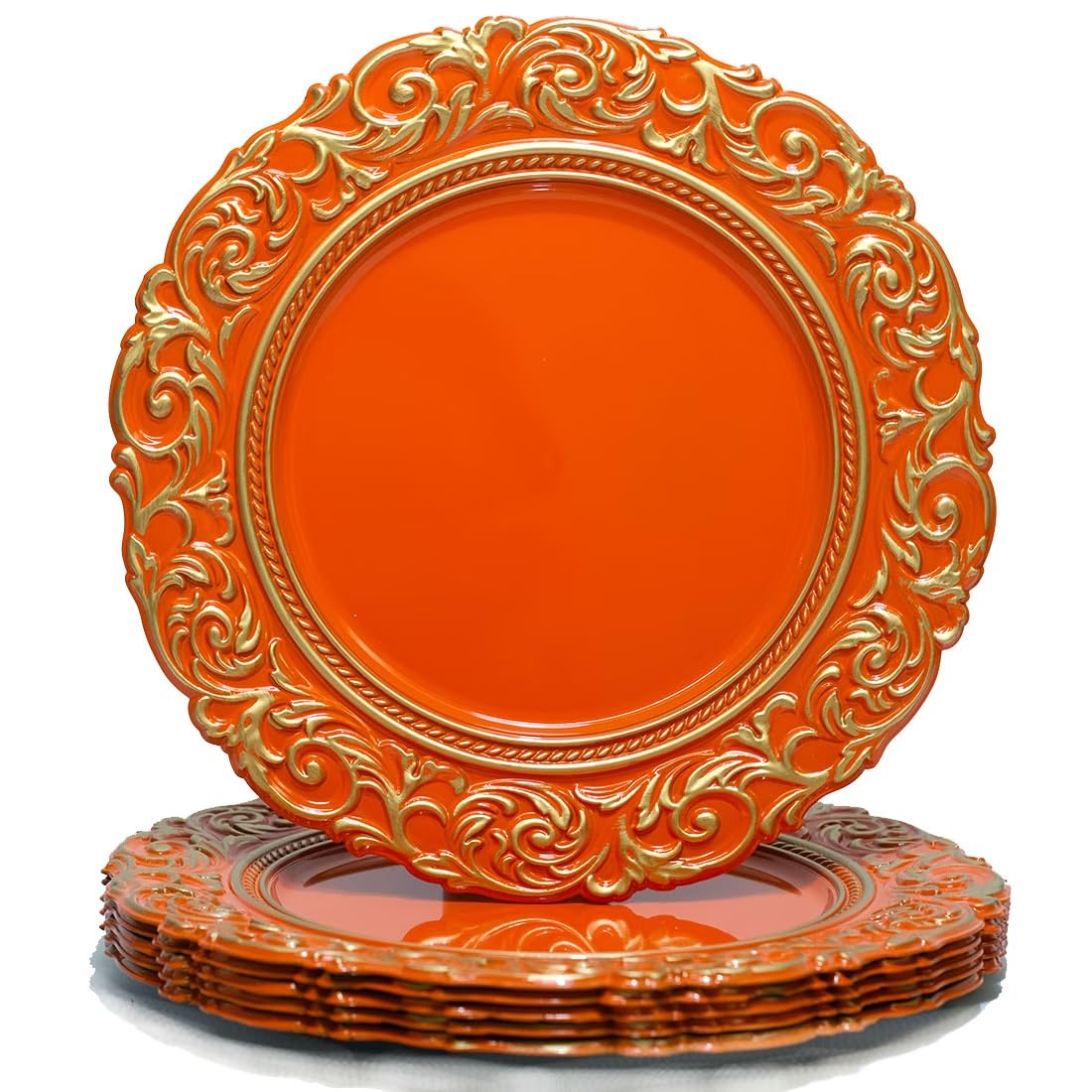 Gold Trimmed Orange Charger Plates - 13 Inch Elegant Plastic Dinner Plates for Wedding, Party & Formal Table Setting - Set of 6 - Perfect for Holiday Dinners, Buffet Displays & Upscale Events