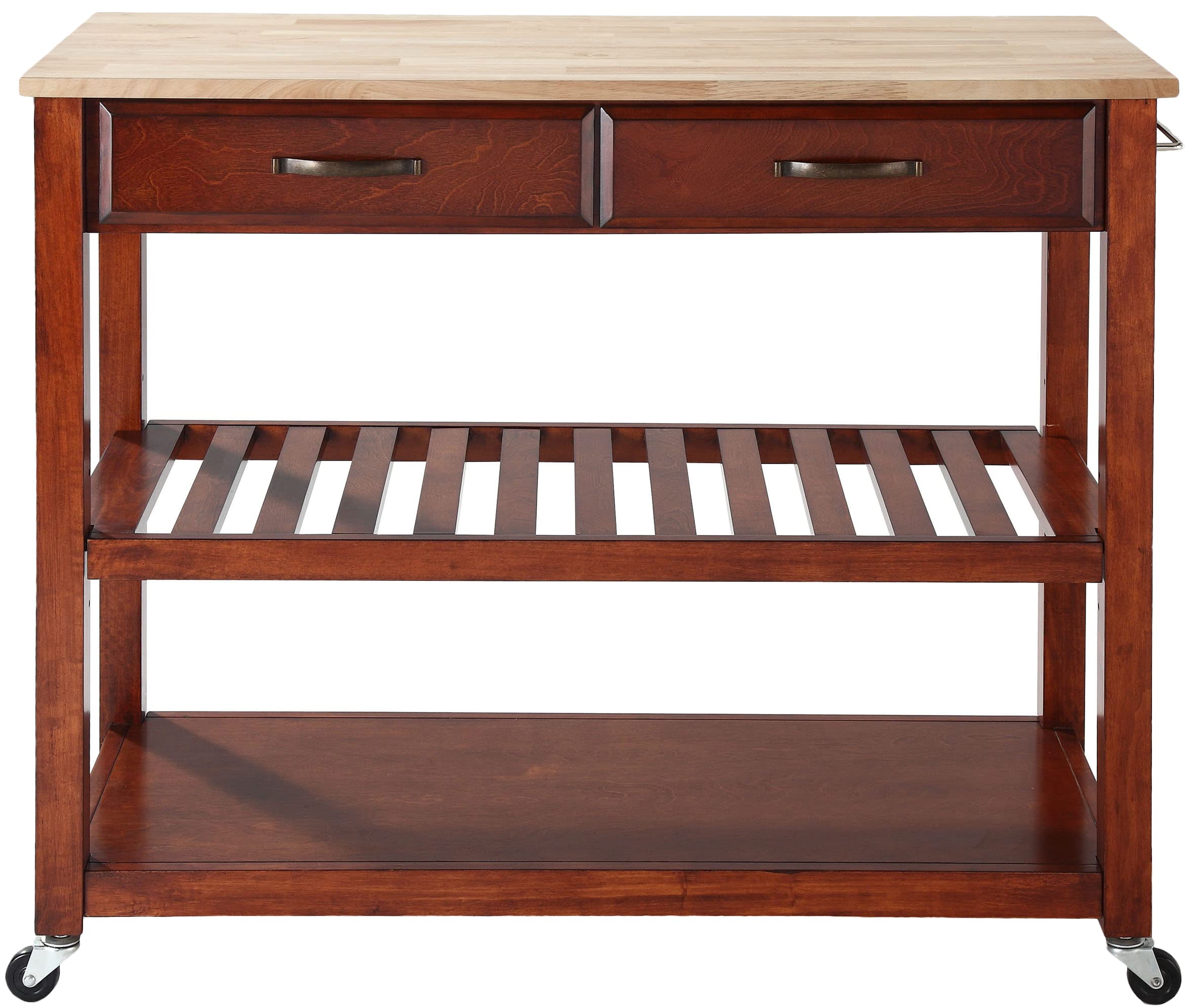 Crosley Wood Top Kitchen Prep Rolling Cart with Shelves & Drawers - Microwave Stand, Coffee Bar Station - Cherry Finish for Small Spaces & Apartment Living
