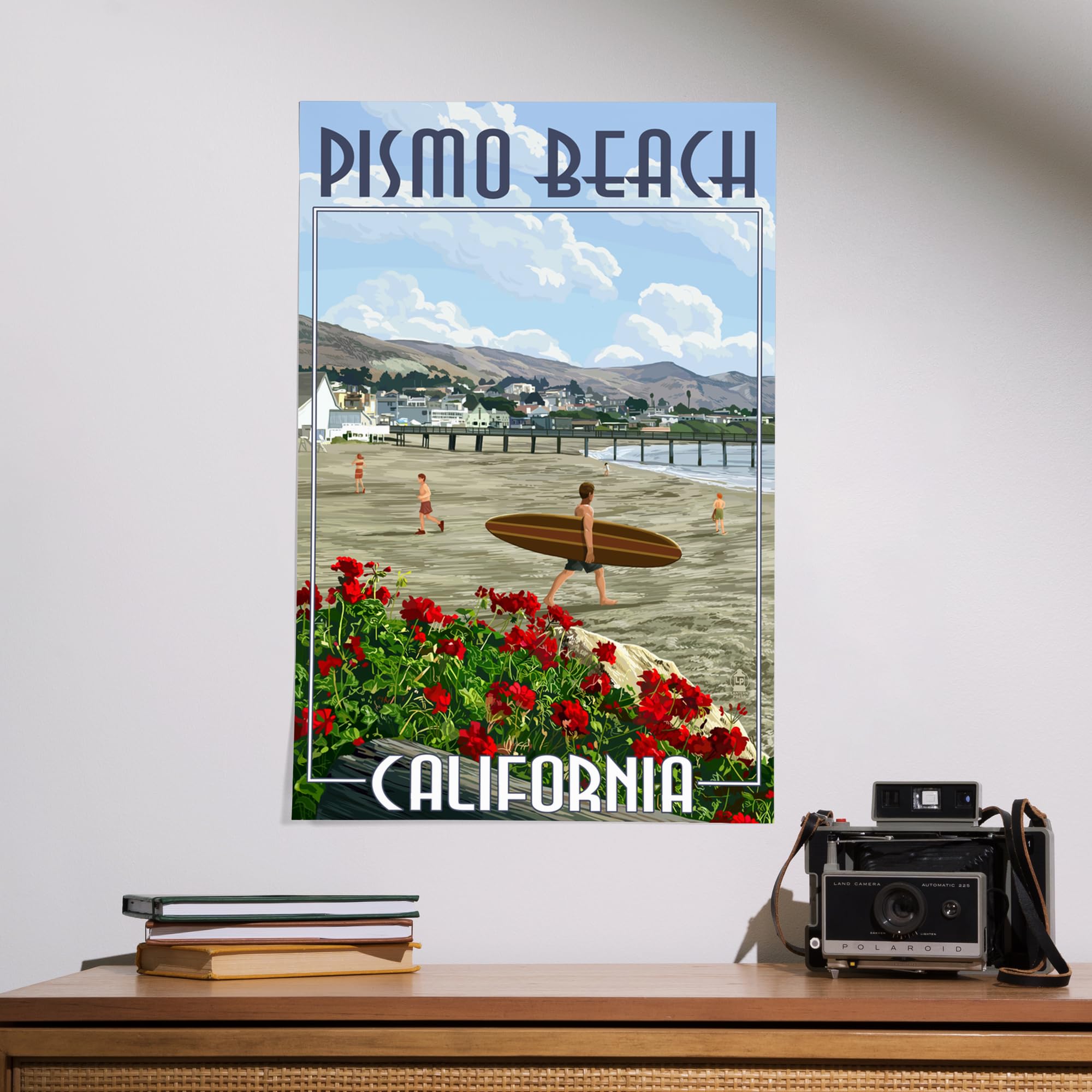 Lantern Press 16x24 Inch Giclee Art Print - Pismo Beach California Coastal Wall Decor with Surfer Scene | Perfect for Beach House, Living Room & Office Decor