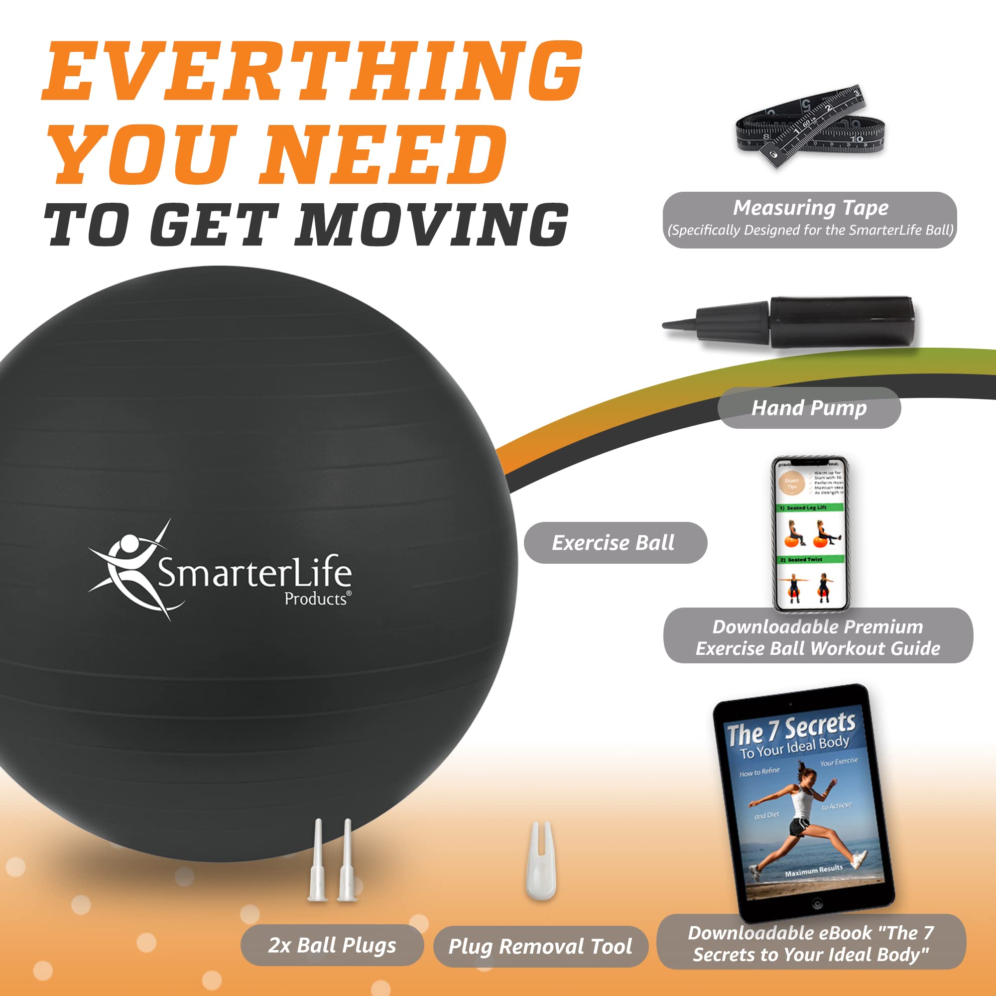 SmarterLife Exercise Ball - Anti-Burst Yoga Ball for Fitness, Core Workouts, Physical Therapy & Pregnancy Support | Balance & Stability Training | Office Yoga Ball Chair | Perfect for Home Gym, Yoga Studio & Physical Therapy Sessions