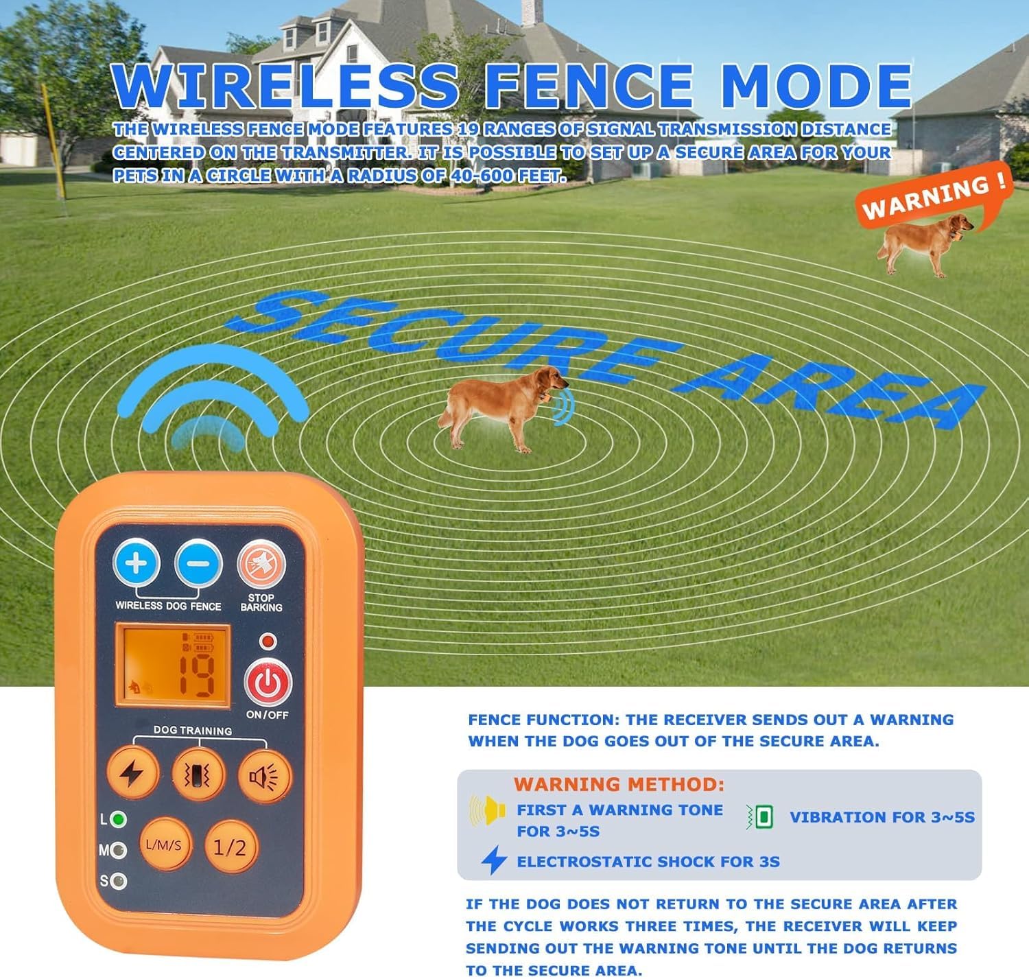 3-in-1 Wireless Dog Fence System with Remote Training Collar - Automatic Bark Control, Electric Containment & Waterproof Design | Perfect for Backyard Security, Dog Training & Noise Reduction