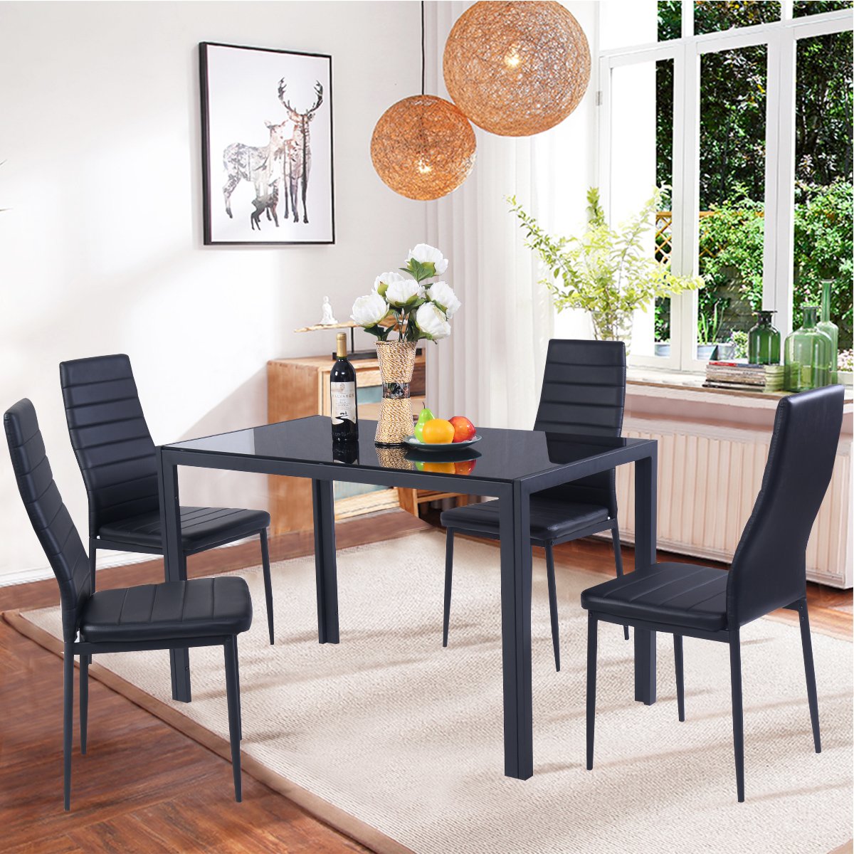 Giantex 5-Piece Modern Glass Top Dining Table Set for 4 - Rectangular Metal Frame Kitchen Table with 4 Leather-Padded Chairs - Perfect for Small Spaces, Apartments & Compact Homes | Ideal for Breakfast Nook, Kitchen Dining & Cozy Family Meals