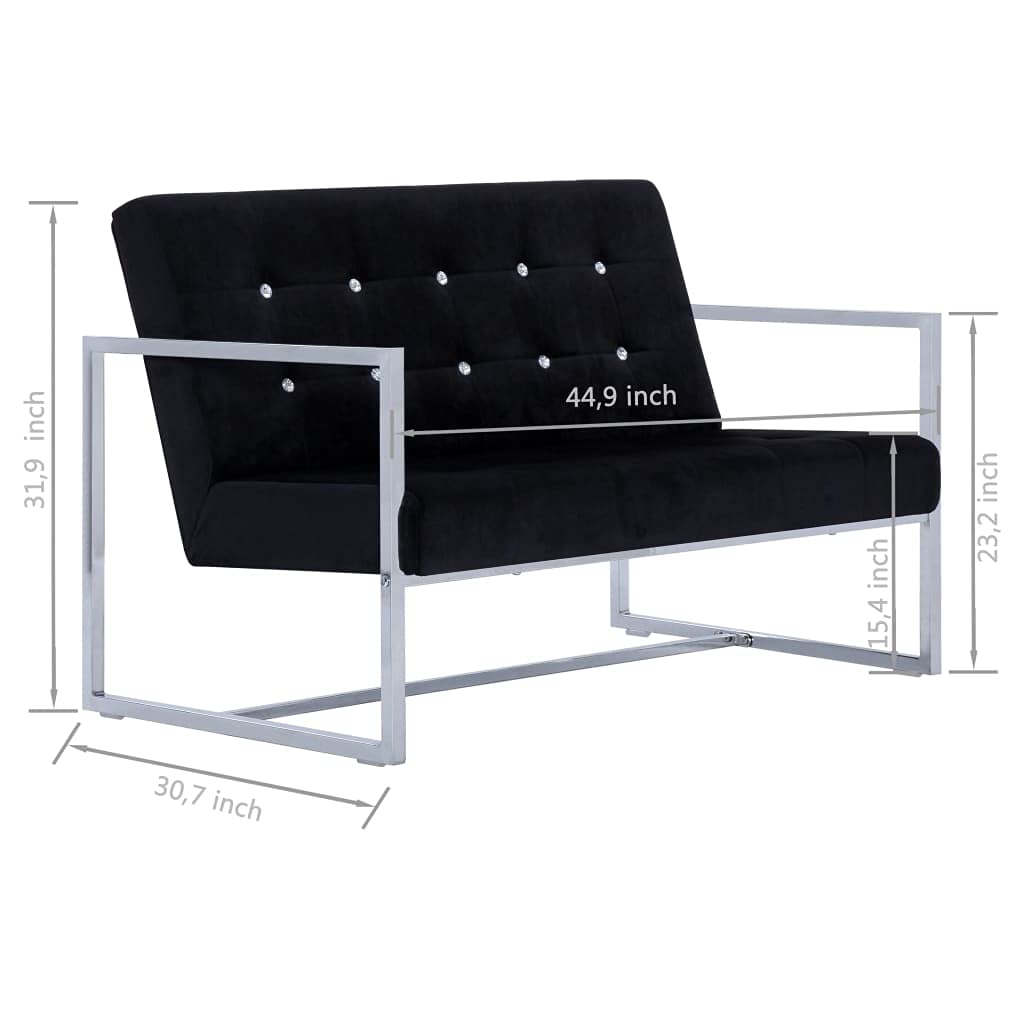 2-Seater Sofa with Armrests - Black Chrome & Velvet Upholstery - Modern Living Room, Apartment or Office Furniture - Perfect for Small Spaces, Lounging & Entertaining Guests