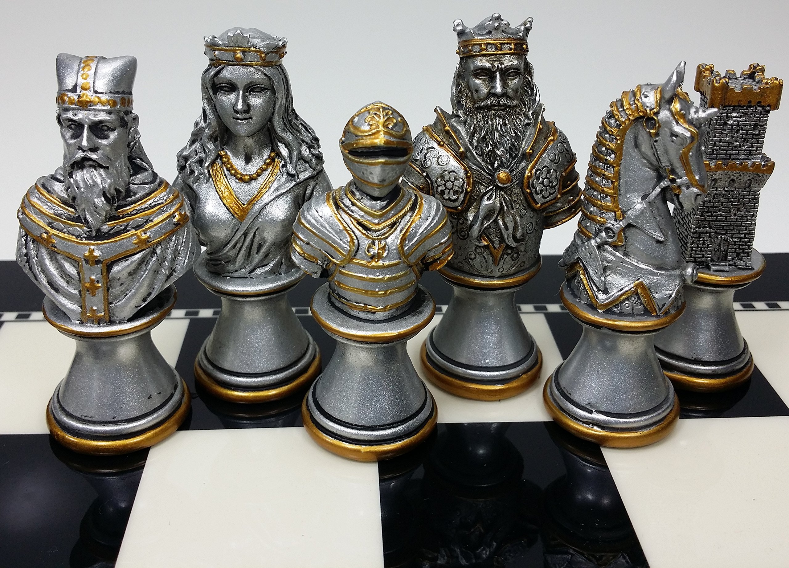 Medieval Crusades Knight Chess Set - Gold & Silver Busts with 15
