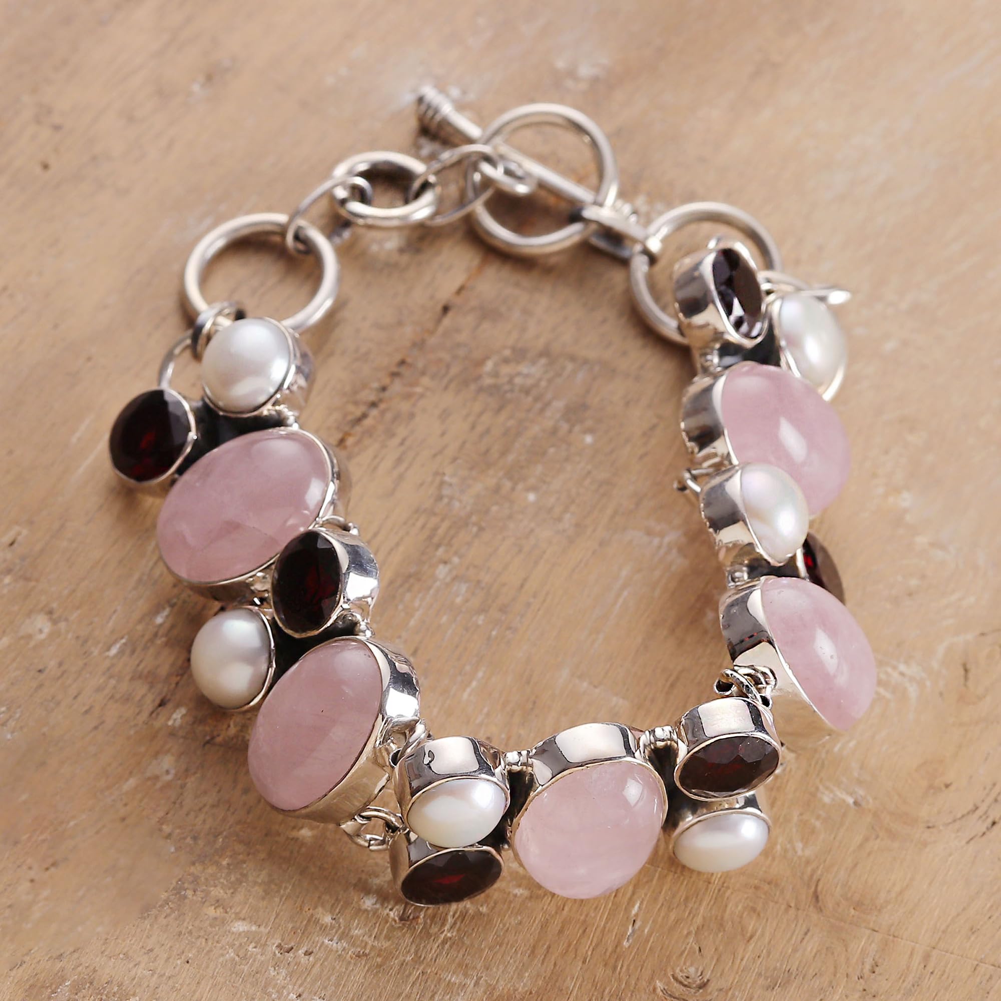 NOVICA Handmade Pearl & Rose Quartz Charm Bracelet with Garnet - Sterling Silver Birthstone Jewelry for Women [7-8.25