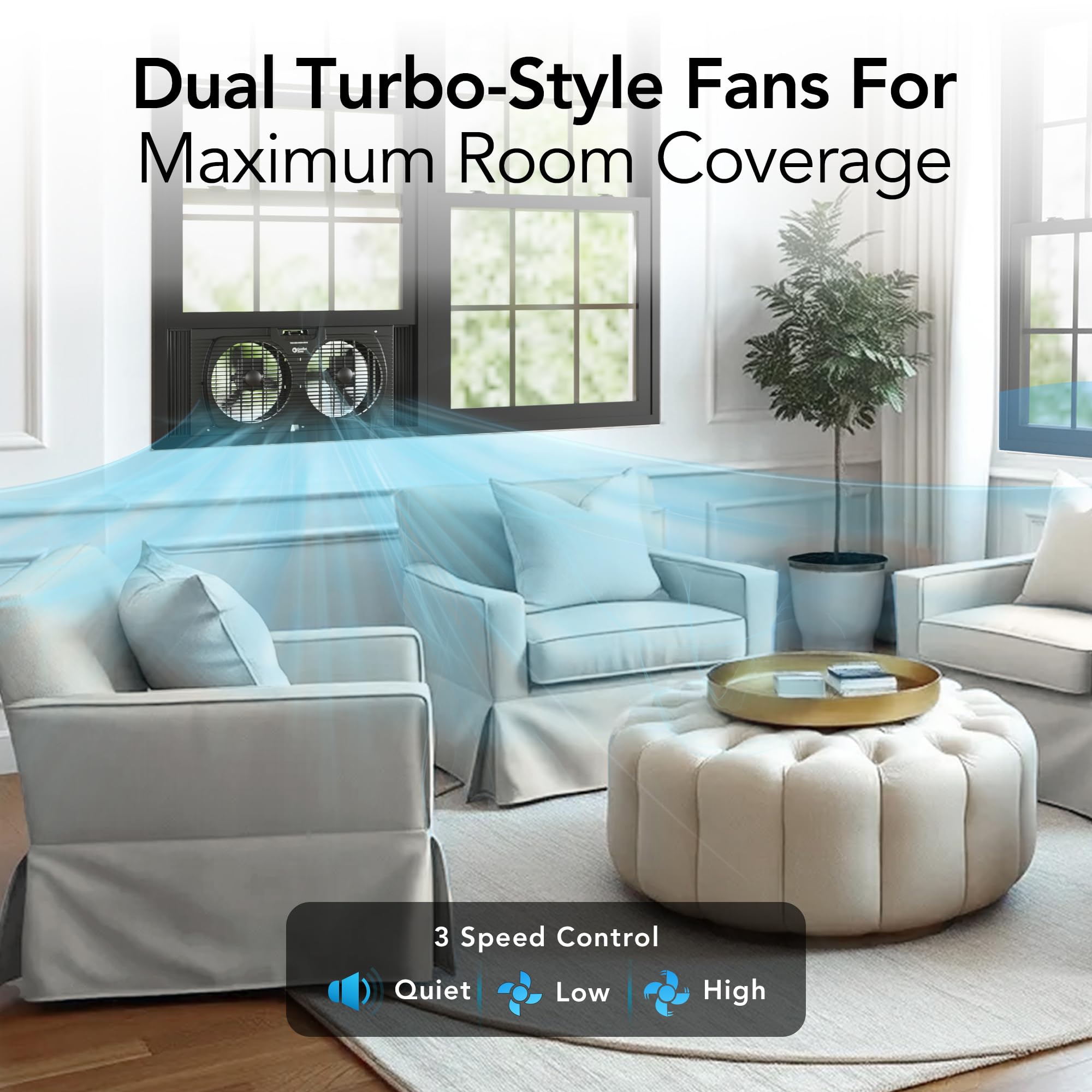 9 Inch Dual Window Fan with 3 Speed Settings - Auto-Locking Expanders & Removable Bug Screen - Quiet Cooling for Bedroom, Office & Home - Black (Ideal for Summer Cooling & Air Circulation)